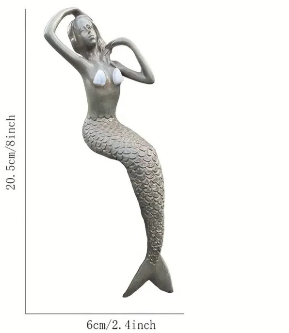NEW 8" Vintage Silver Style Shelltop Mermaid Sits Resin Figurine Sculpture 8x2.4