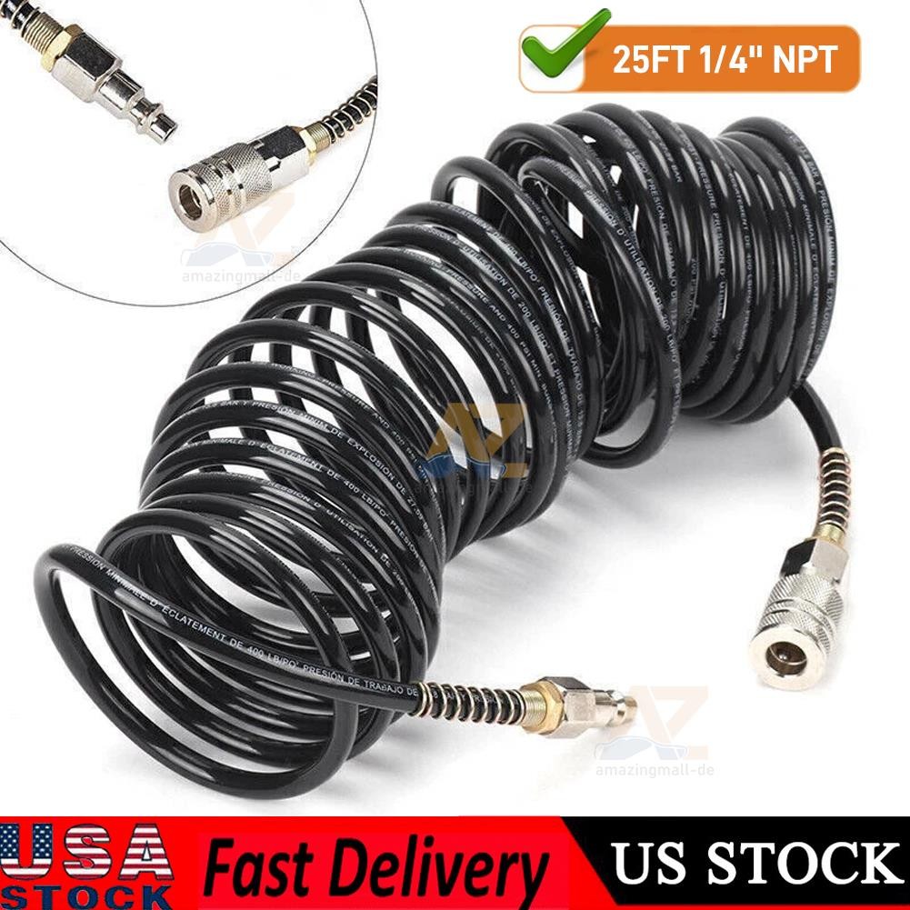 Heavy Duty Recoil Air Hose 25ft 1/4" Flexible Compressor Quick Coupler 200PSI~