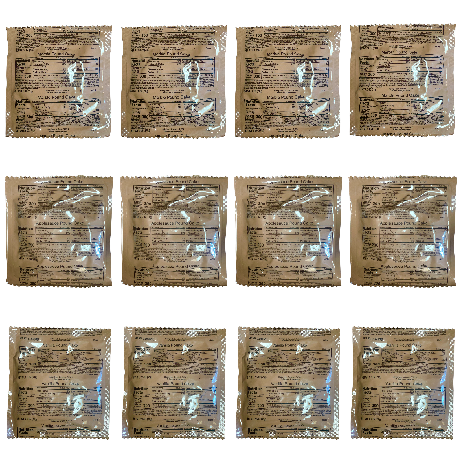 Military MRE Pound Cake Variety Pack: Vanilla, Marble, Applesauce.