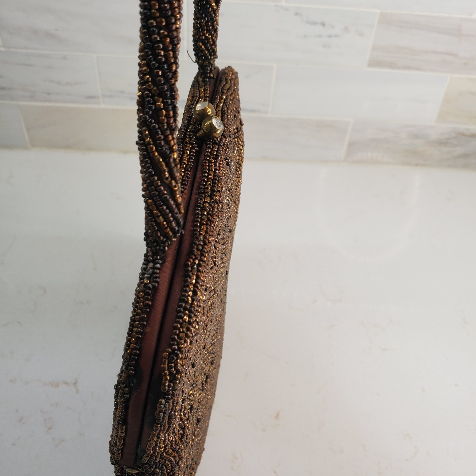 Joseph Horne Pittsburgh Belgium Brown Beaded Evening Bag Handle Twist Top Lock