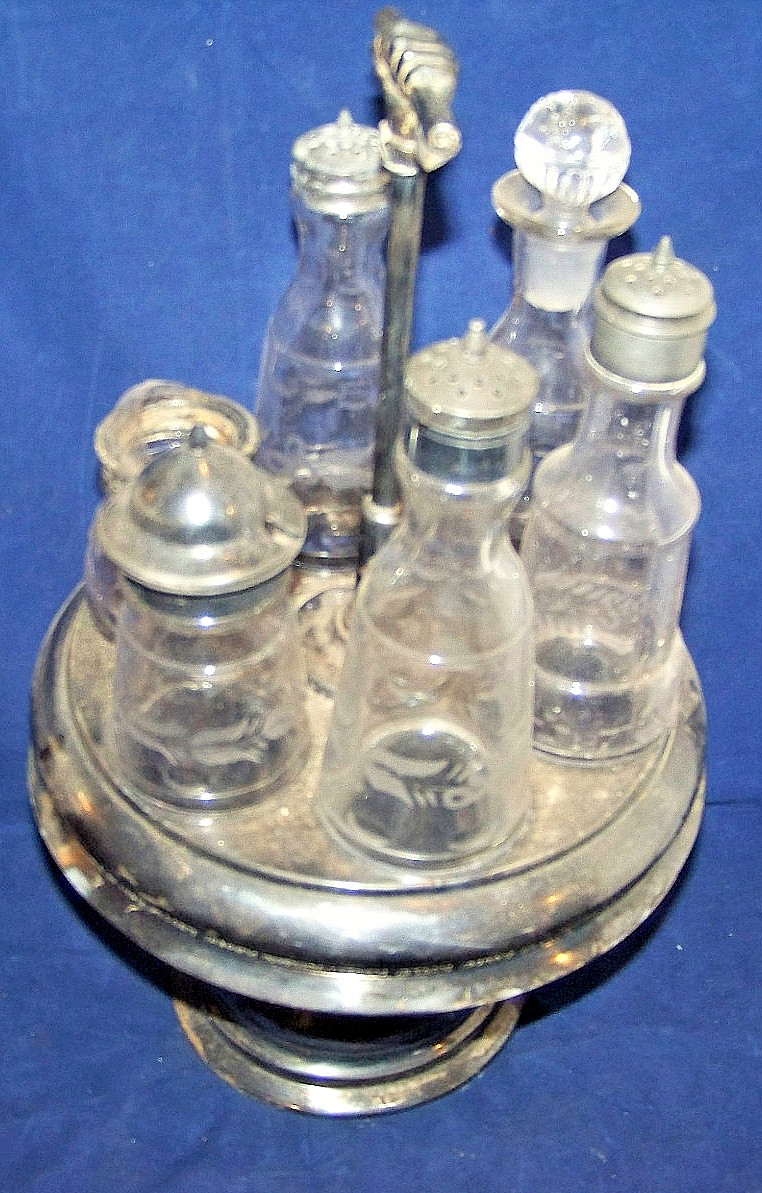 Antique Glass Cruet Condiment COMPLETE Set With Six Bottles