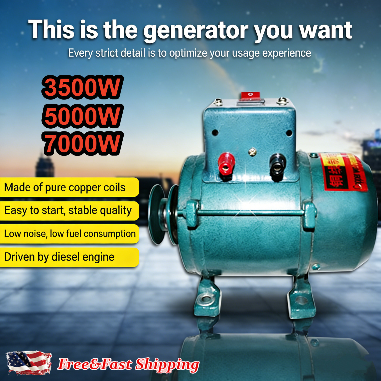 3500W-7000W Permanent Magnet Generator Head Pure Copper Wire Alternator w/Pulley