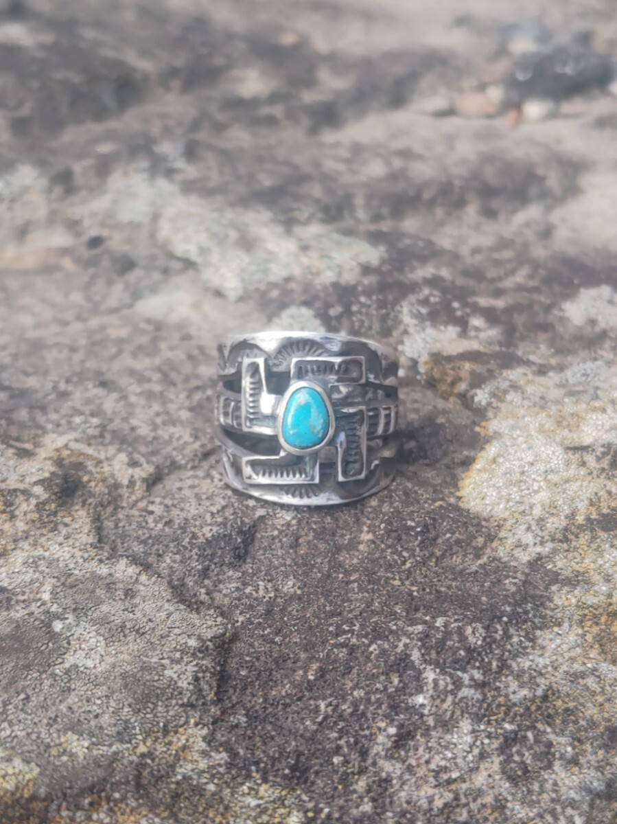 Handmade Indian Swastika Ring Turquoise Stampwork Jewelry Used From Japan