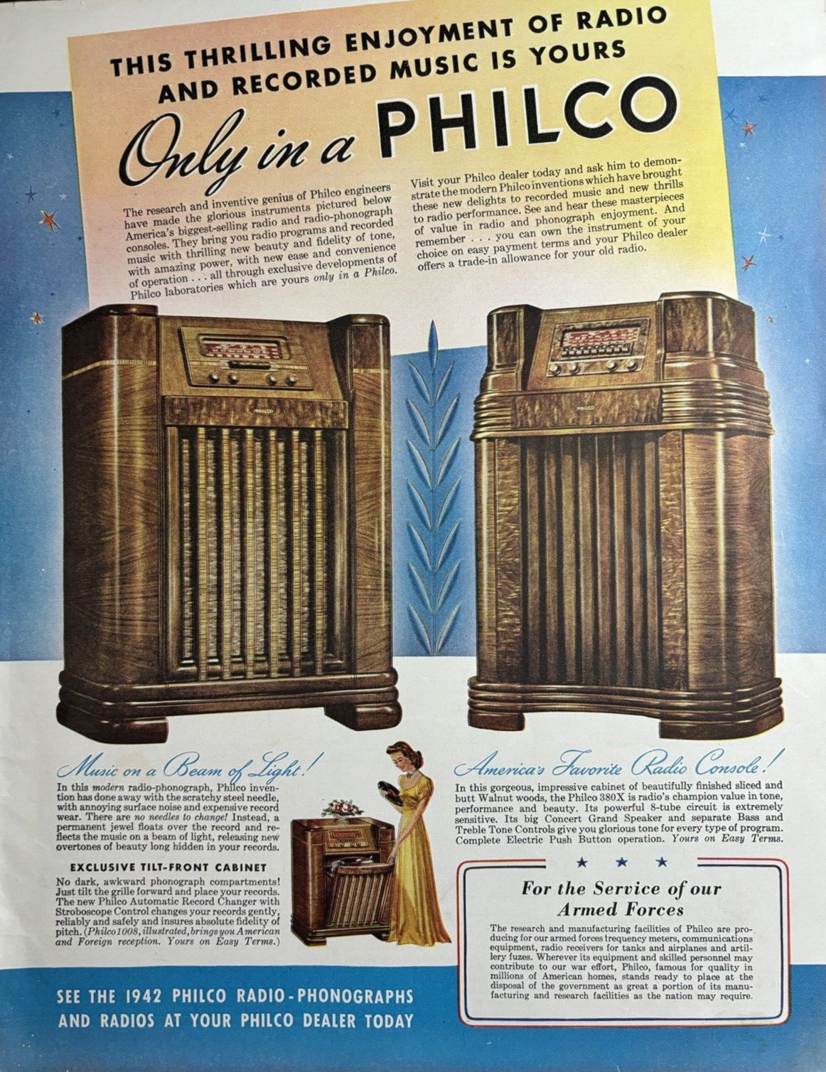 1942 Philco Radio Phonographs Console Tilt Front Cabinet WWII Vintage Print Ad