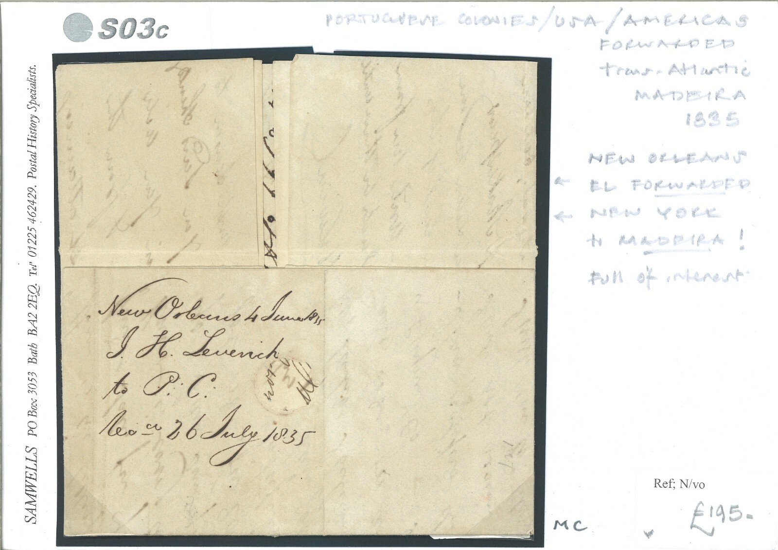 USA Cover NEW ORLEANS EL FORWARDED MADEIRA Transatlantic 1835{samwells}S03c