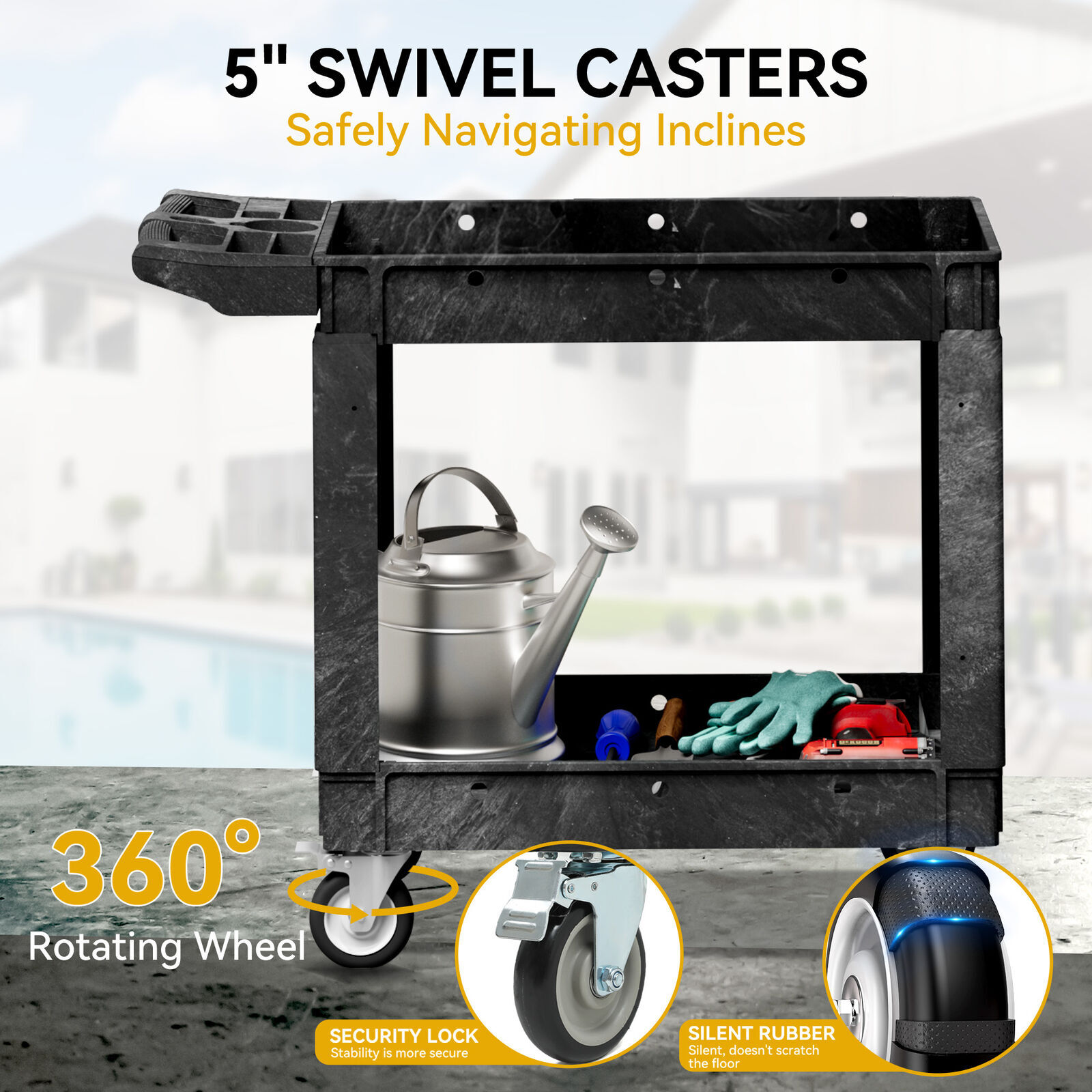 550 lbs Capacity Utility Cart 2 Shelf Rolling Storage Plastic Service Work Carts