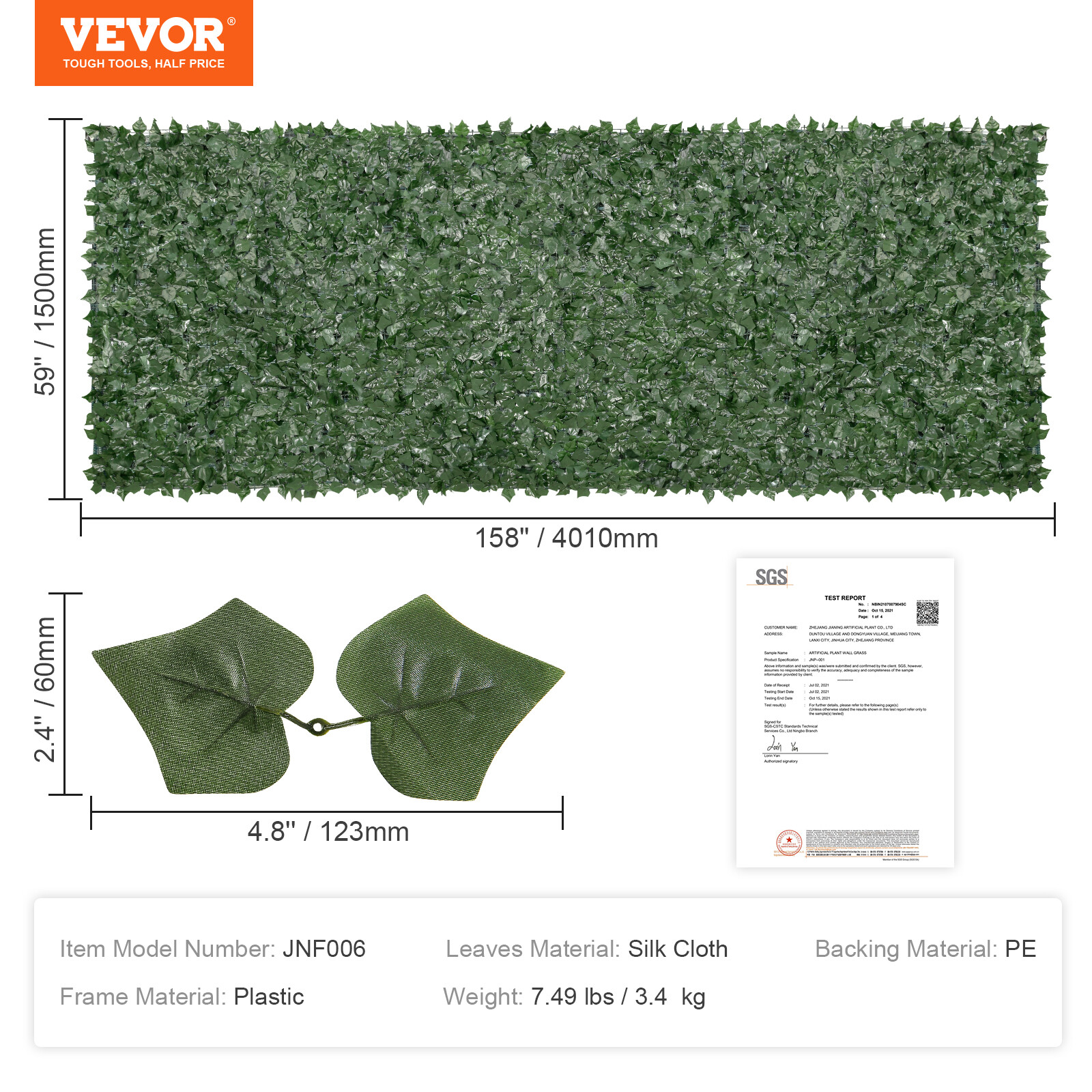 VEVOR 59"x158" Artificial Faux Ivy Leaf Fence Screen with Mesh Cloth Backing