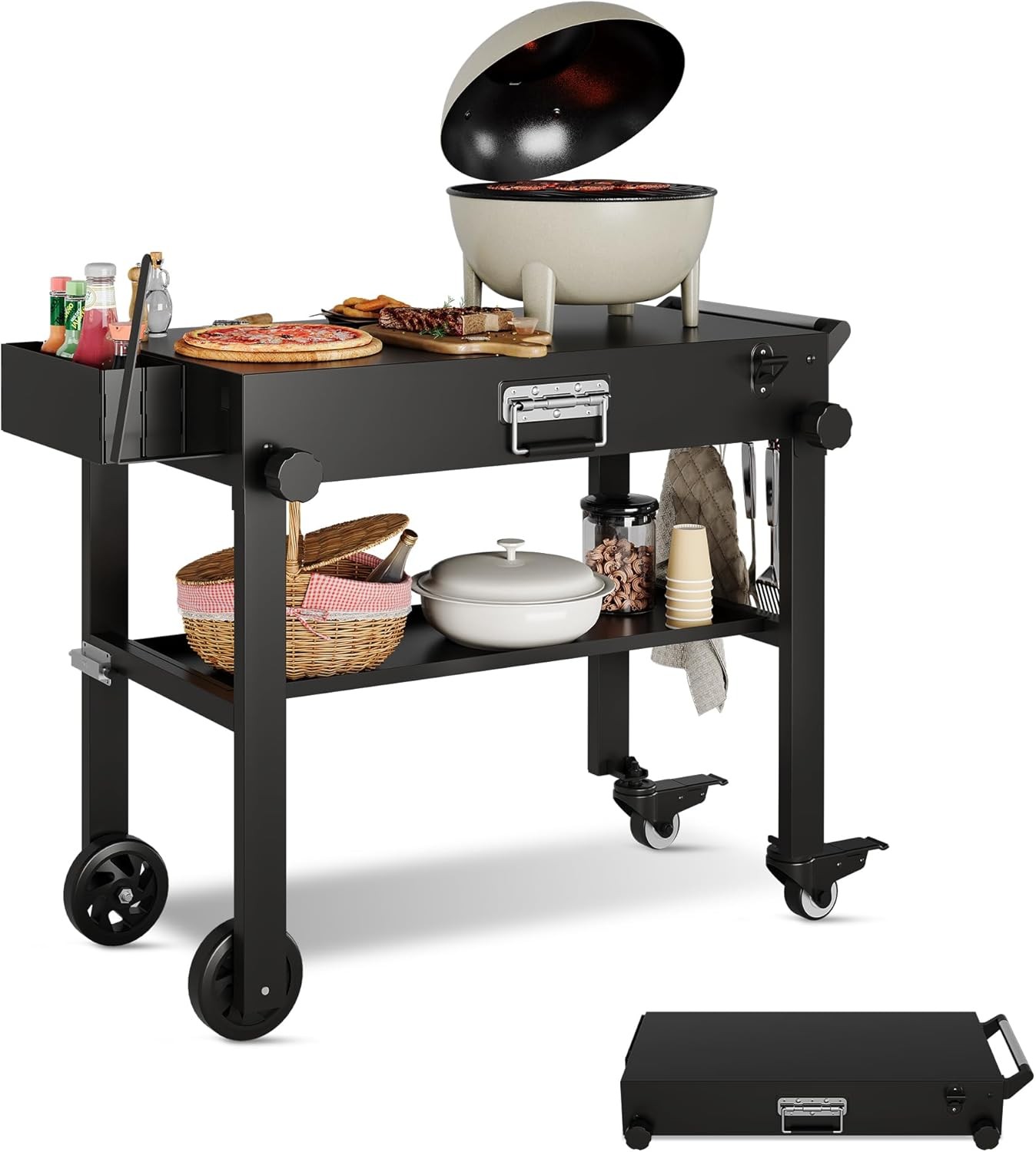 450LBS Portable Outdoor Grill Table Folding Grill Cart BBQ Prep Table w/ Wheels