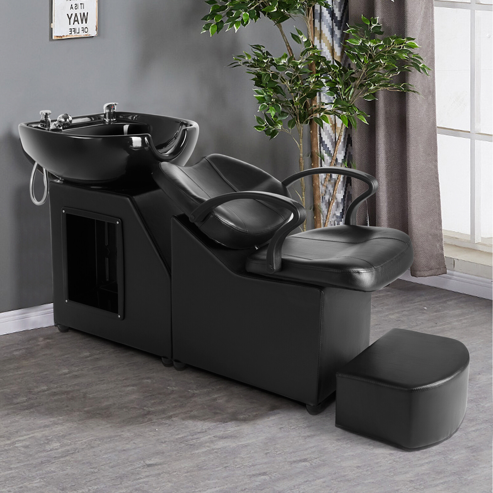 Barber Backwash Unit Shampoo Chair Ceramic Bowl Sink Beauty Salon Spa w/Footrest