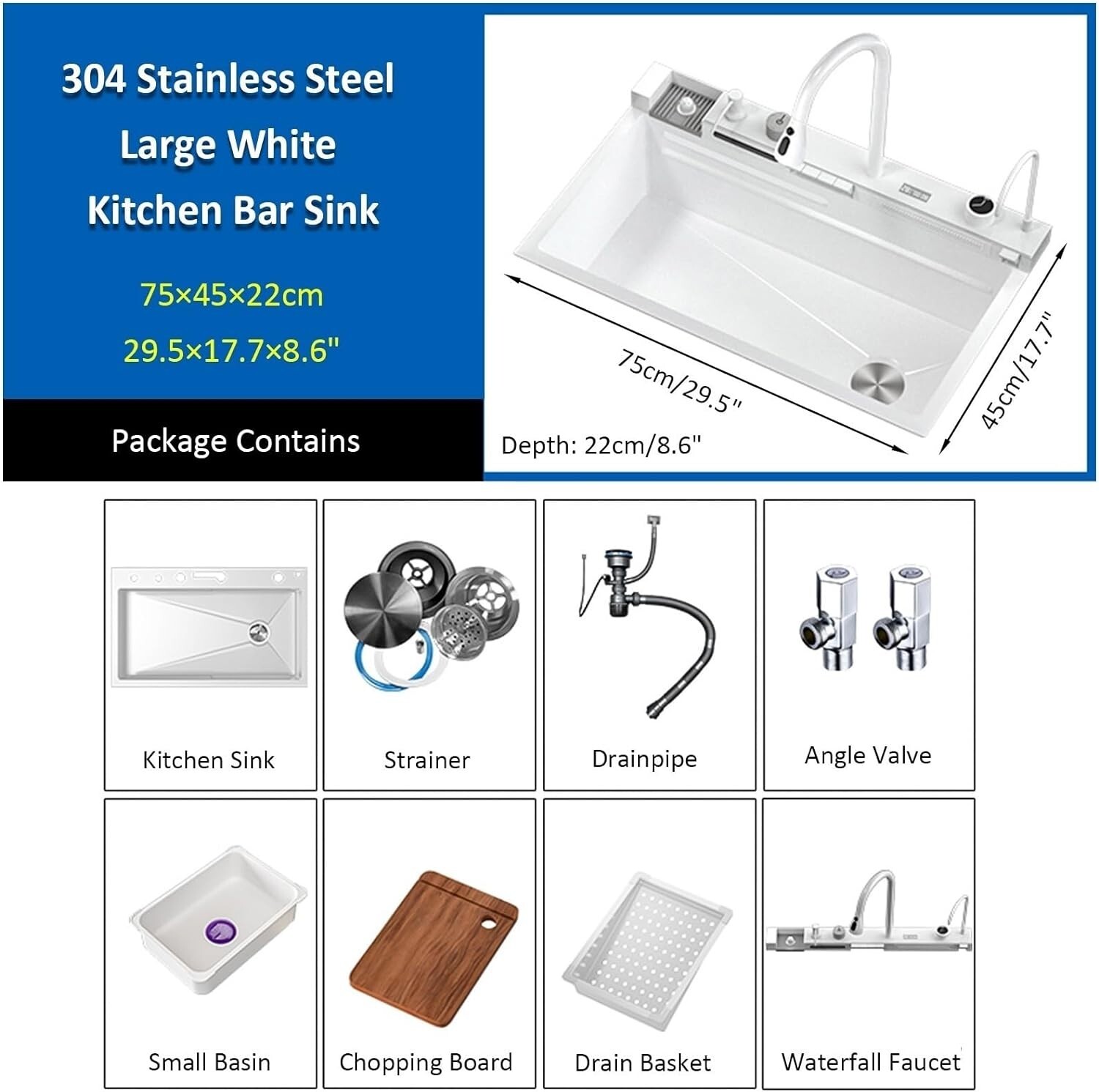 White Flying Rain Waterfall Kitchen Sink Integrated w Pull-Out Tap Set 29.5 INCH