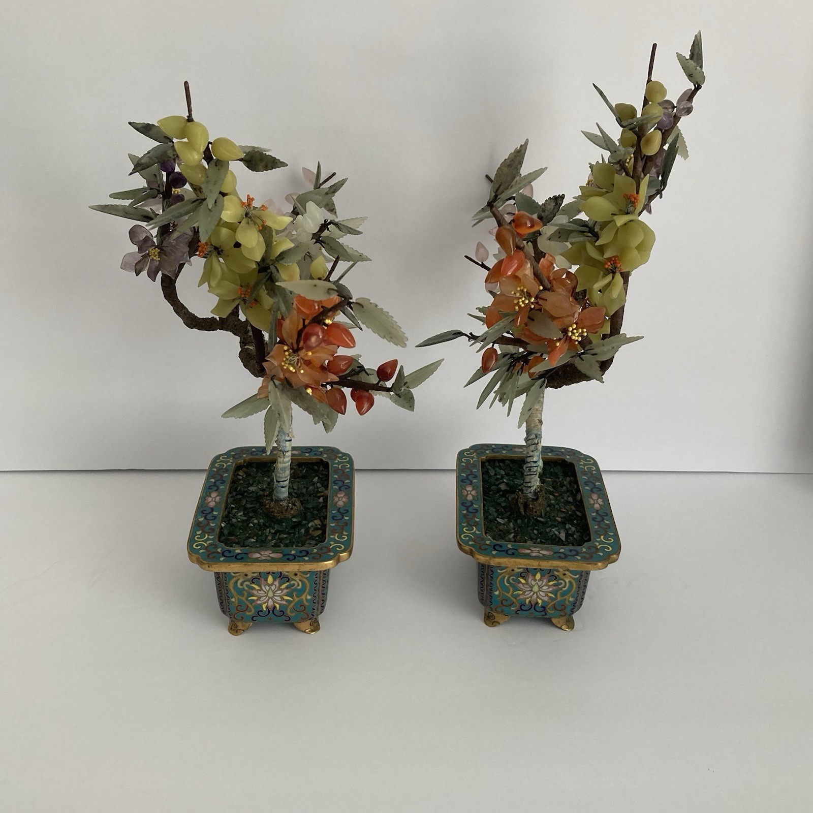 Pair Antique Chinese Jade Bonsai Tree in Cloisonne Pot w Amethyst Carnelian VTG