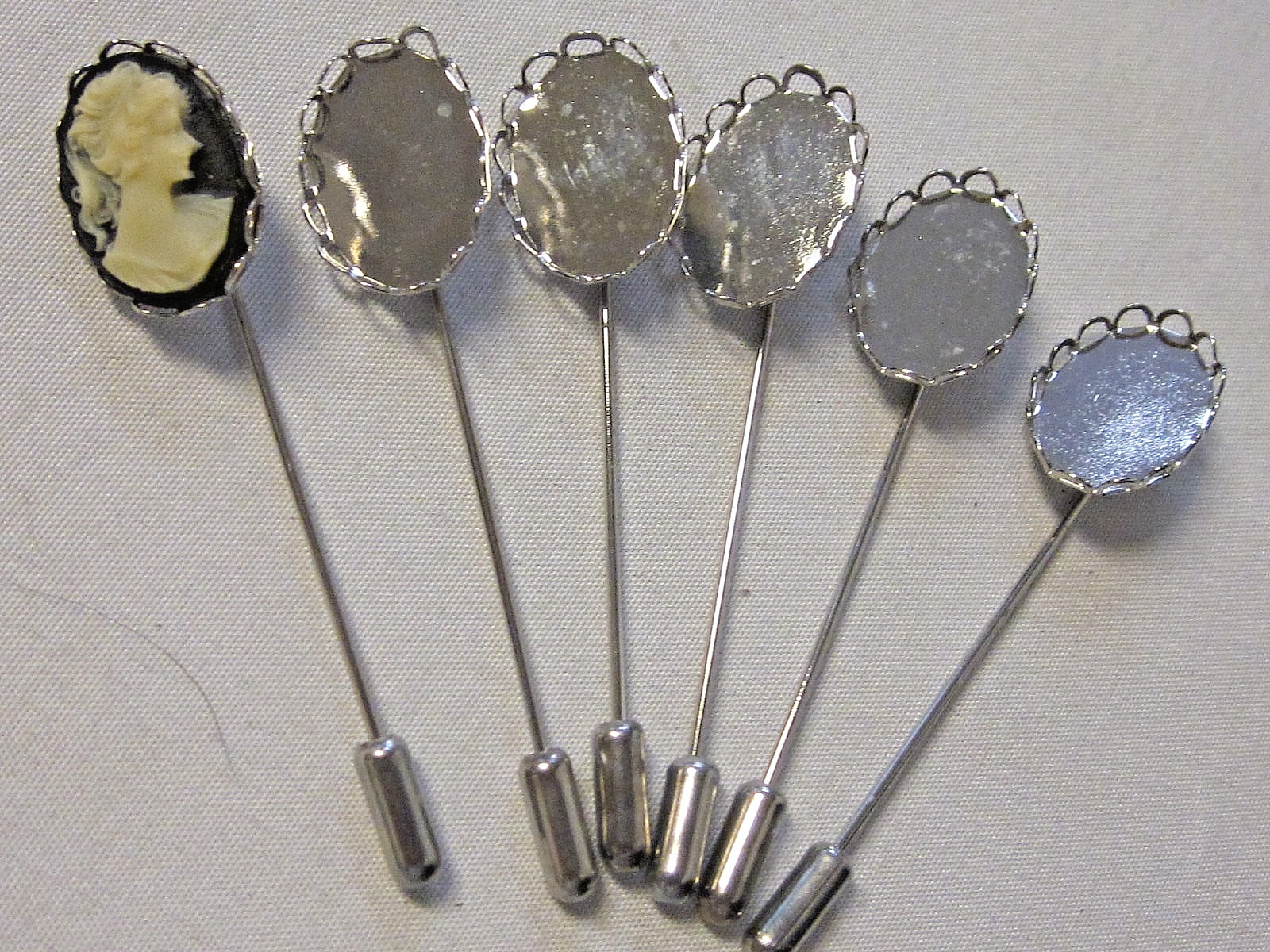 6 Bezel Stick Pins RHODIUM SILVER Plated 13X18mm Oval Cameo Settings w/ Clutches