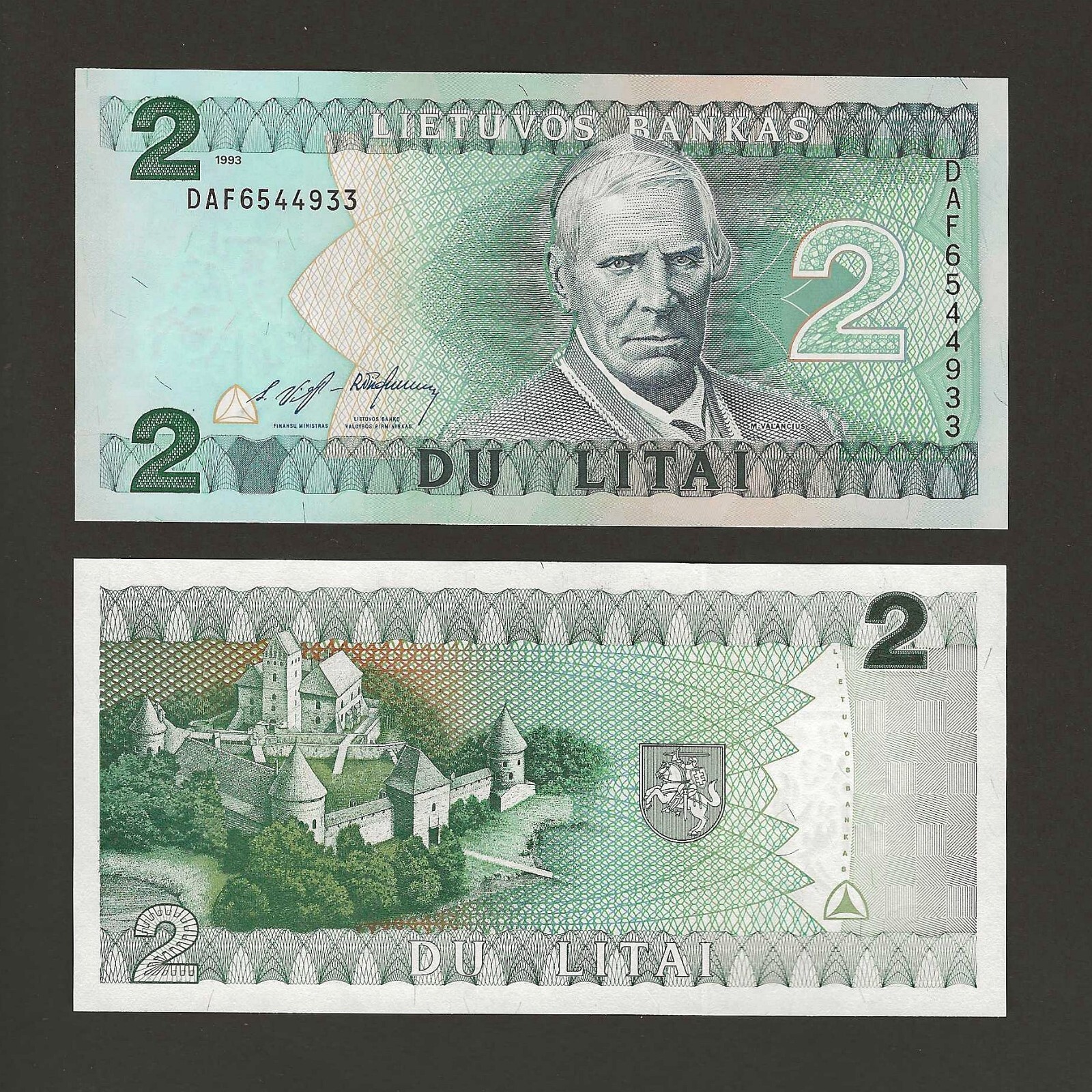 LITHUANIA 2 Litai 1993, P-54a, Original UNC Pre-Euro Banknote Motiejus Valancius