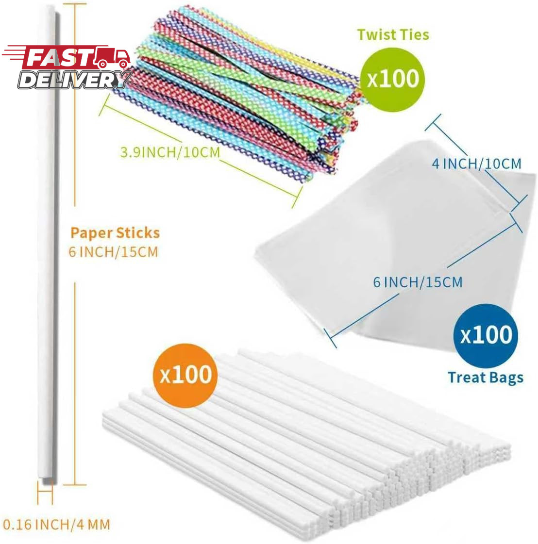 300Pcs 6 Inch(4Mm DIA) Cake Pops Sticks,Lollipop Sticks, Cake Pop Bags and Wrapp