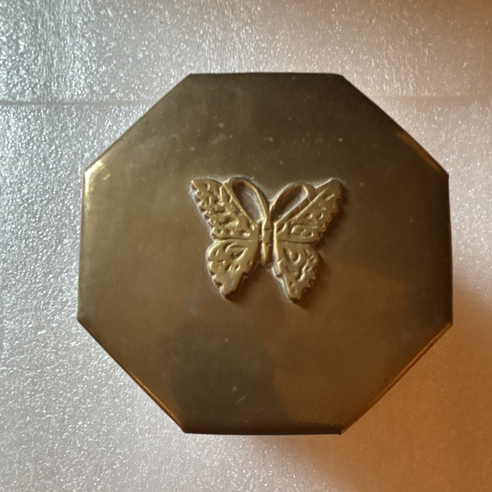 Dessau Brass Octagonal Box with Butterfly Motif Decorative Collectible 4.5" x 3"