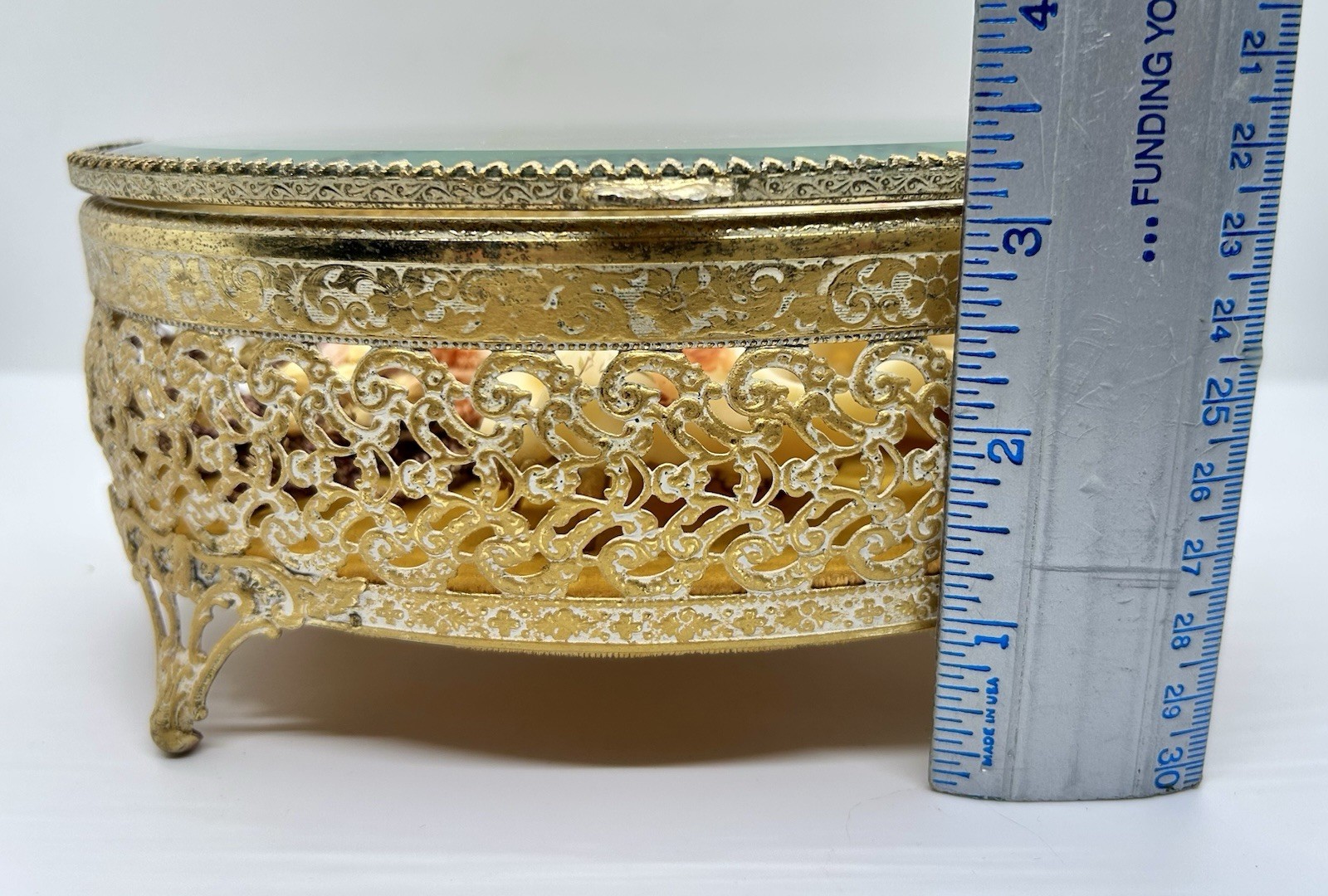 Embellished floral Raccoon Skull Vintage Ormolu/Casket Jewelry Box Dried Flowers