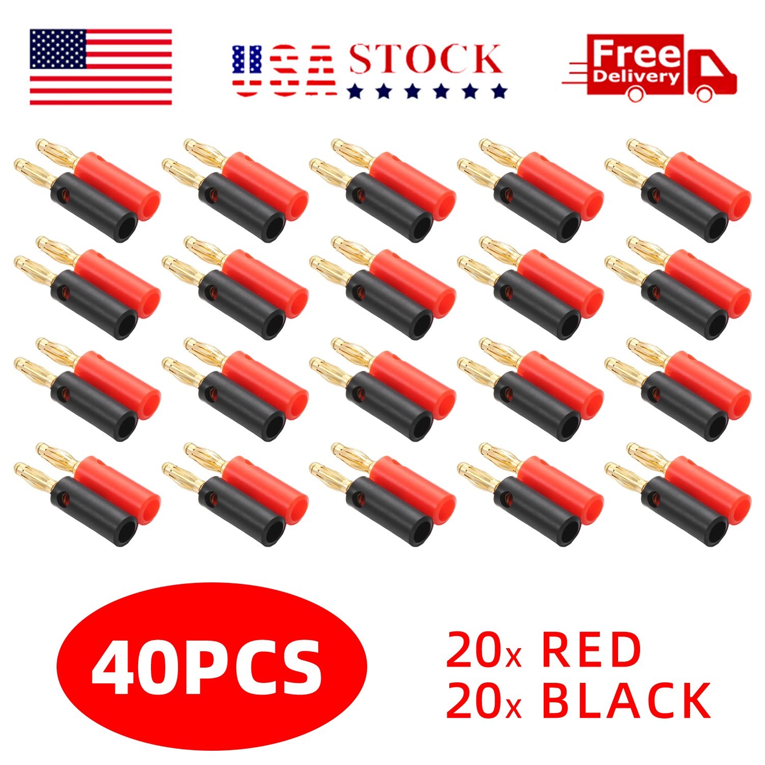 40PCS 4mm Gold Plated Banana Plugs Audio Jack Speaker Wire Cable Screw Connector