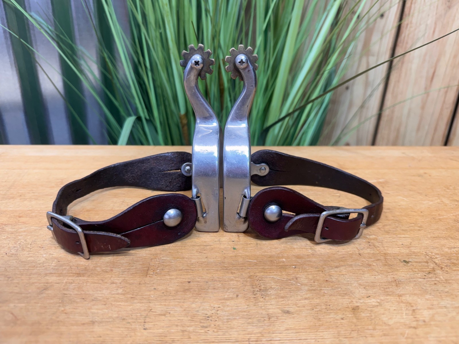 Ladies Stainless Steel Western Spurs w Brown Leather Straps