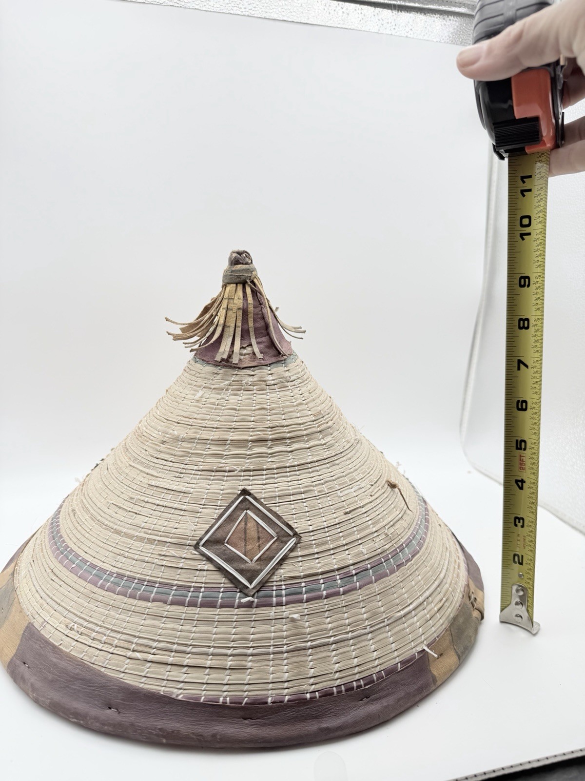 African Fulani Worn Straw Woven Sun Conical Hat Vintage Straw & Leather