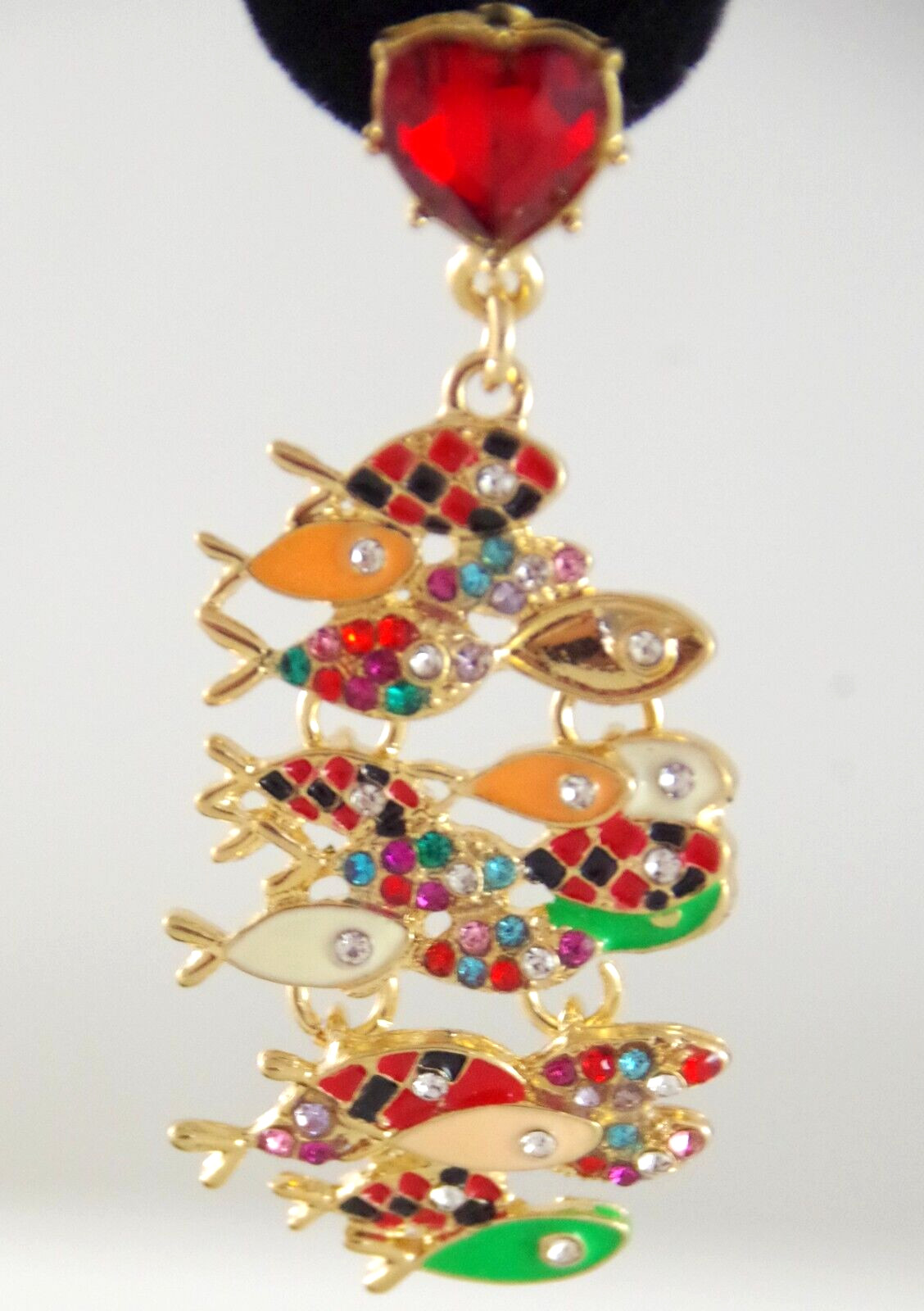 BETSEY JOHNSON ASYMMETRICAL PREDATOR/ SCHOOL OF FISH RHINESTONE DANGLE EARRINGS