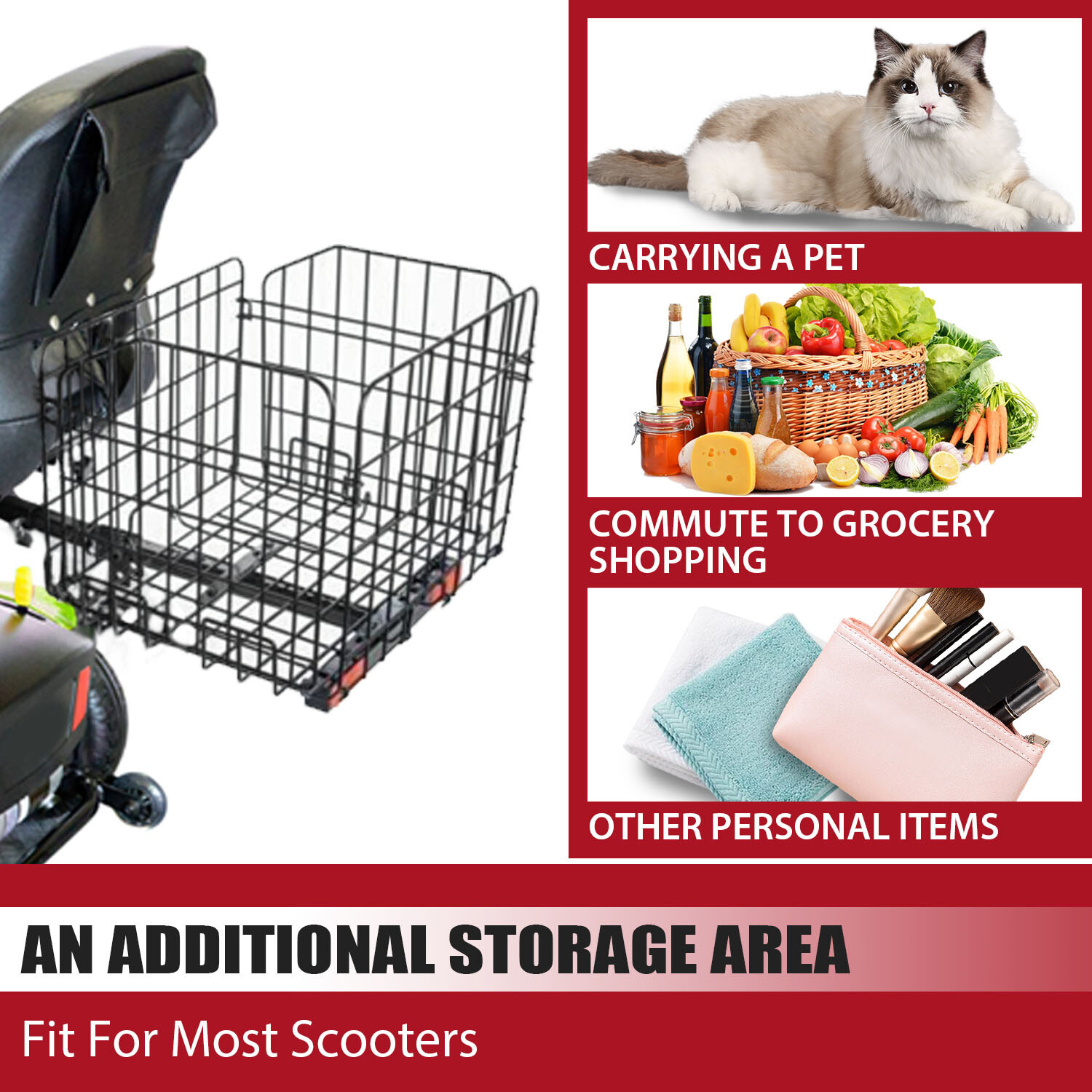 Folding Rear Basket Accessory For Mobility Scooters Power Chairs w/Hitch Receive