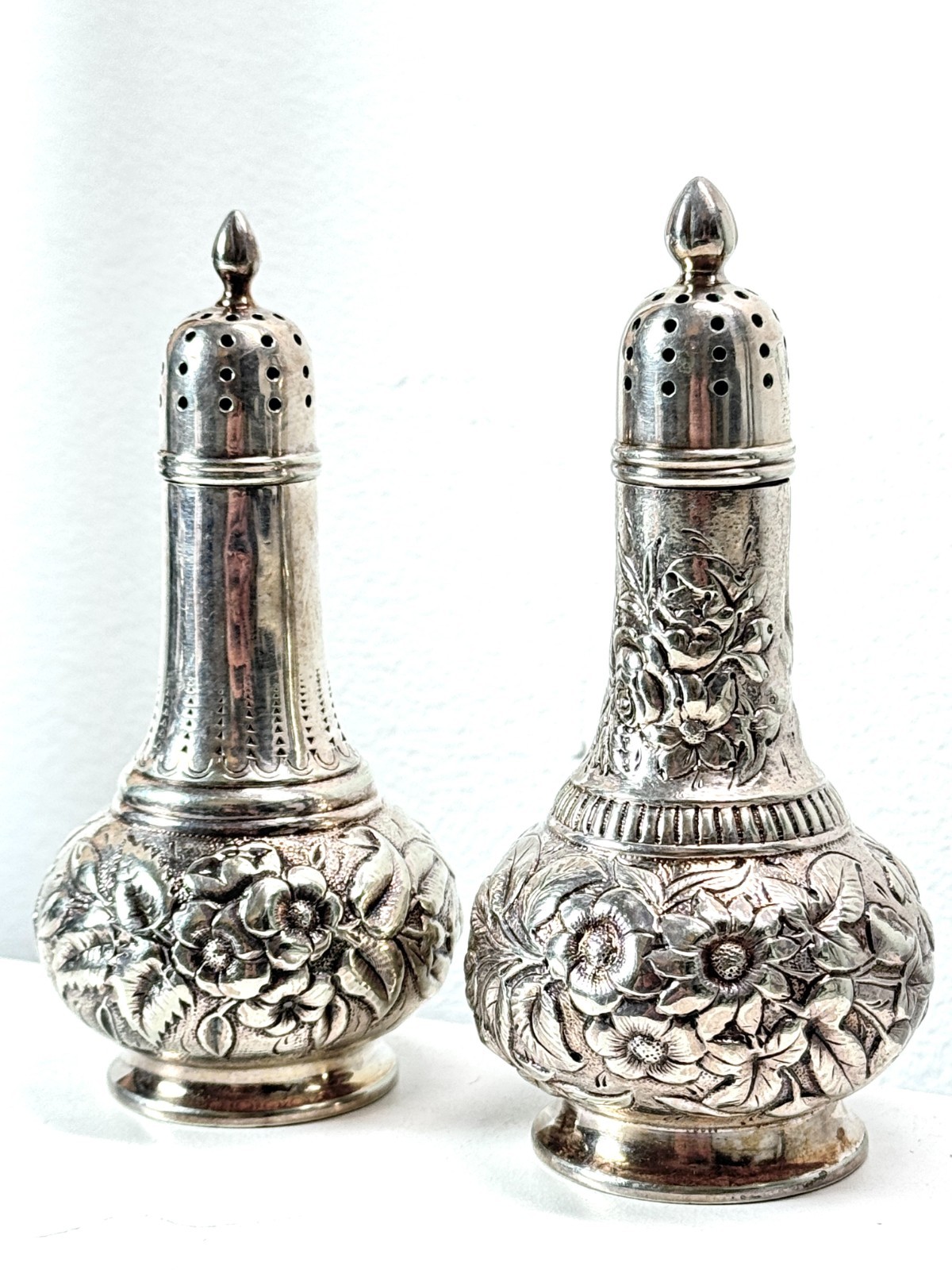 Tiffany & Co Sterling Silver Repousse Floral Salt & Pepper Shakers 5.96 ozt