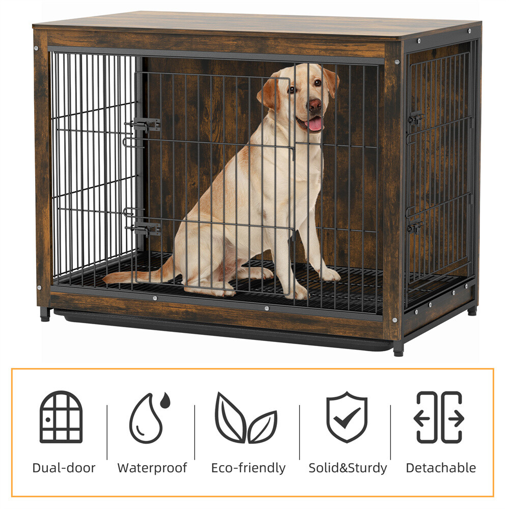 Large Dog Crate Wooden Kennel Heavy Duty Cage with Tray End Table Pet Furniture