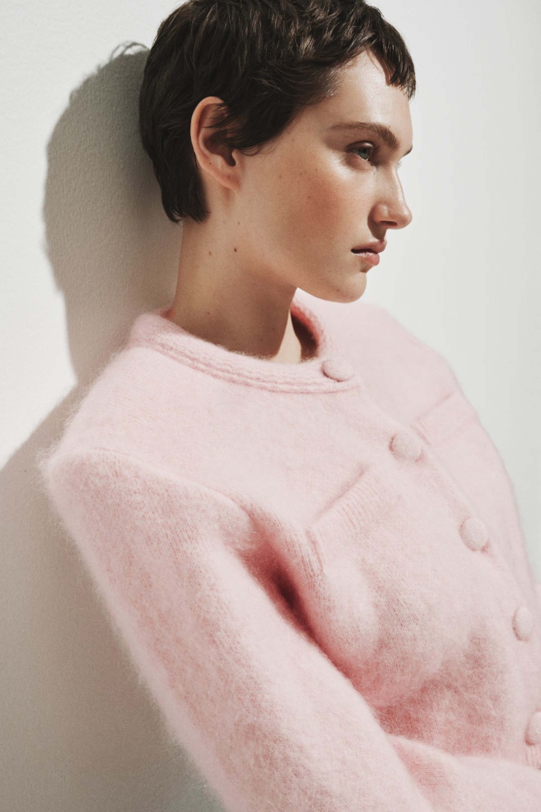 H&M WOMENMohair Blend Cropped Cardigan Shoulder Pads Button Front Soft Knit Pink