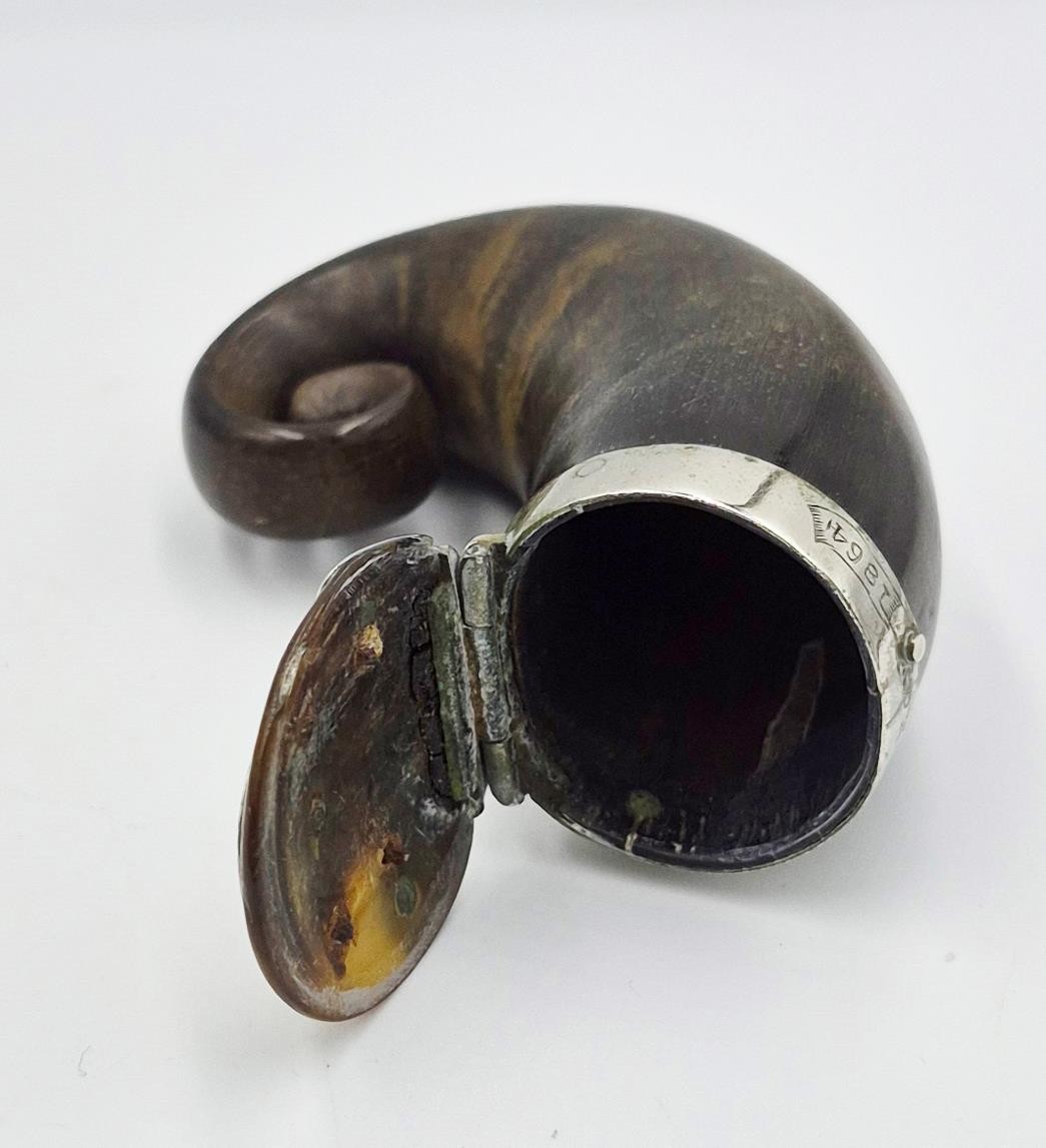VICTORIAN SCOTTISH SILVER PLATE MOUNTED RAMS HORN SNUFF MULL c1864 HUGH MACKAY