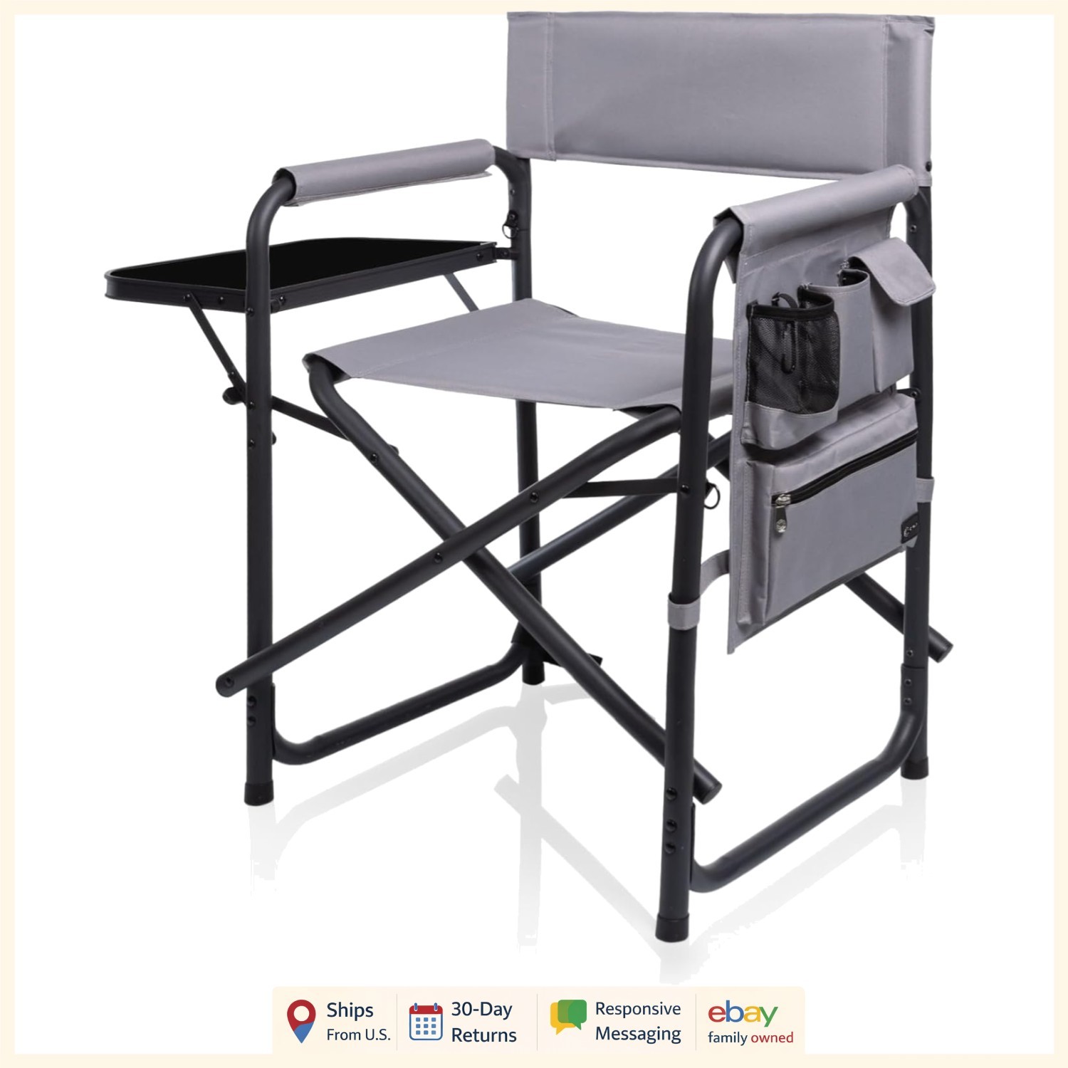 Lightweight Folding Sports Chair with Armrest Caddy and Carry Strap for Outdoors