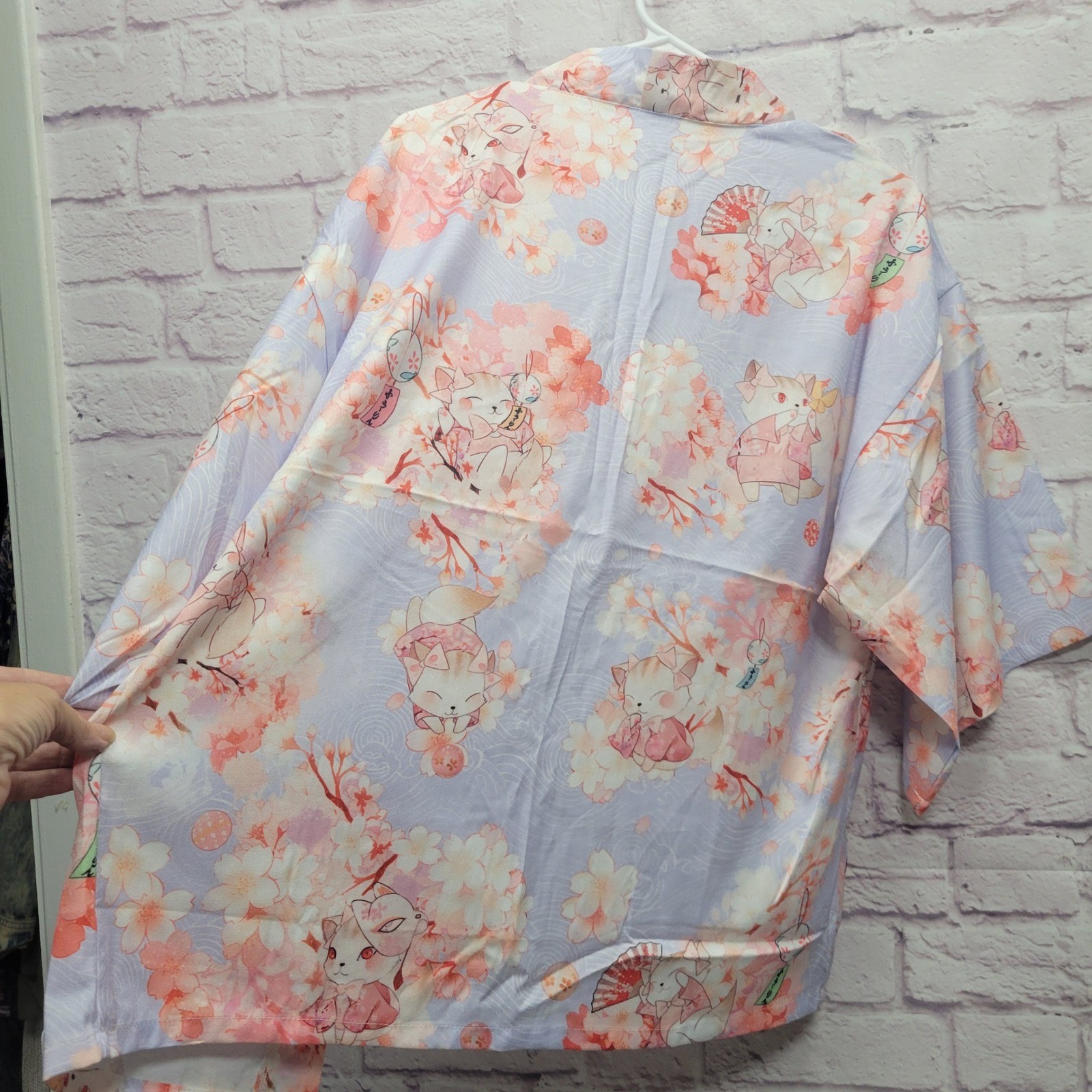 Japanese Kimono Blouse Womens XL+ Pastel Cat with Fan Floral Asian Lightweight