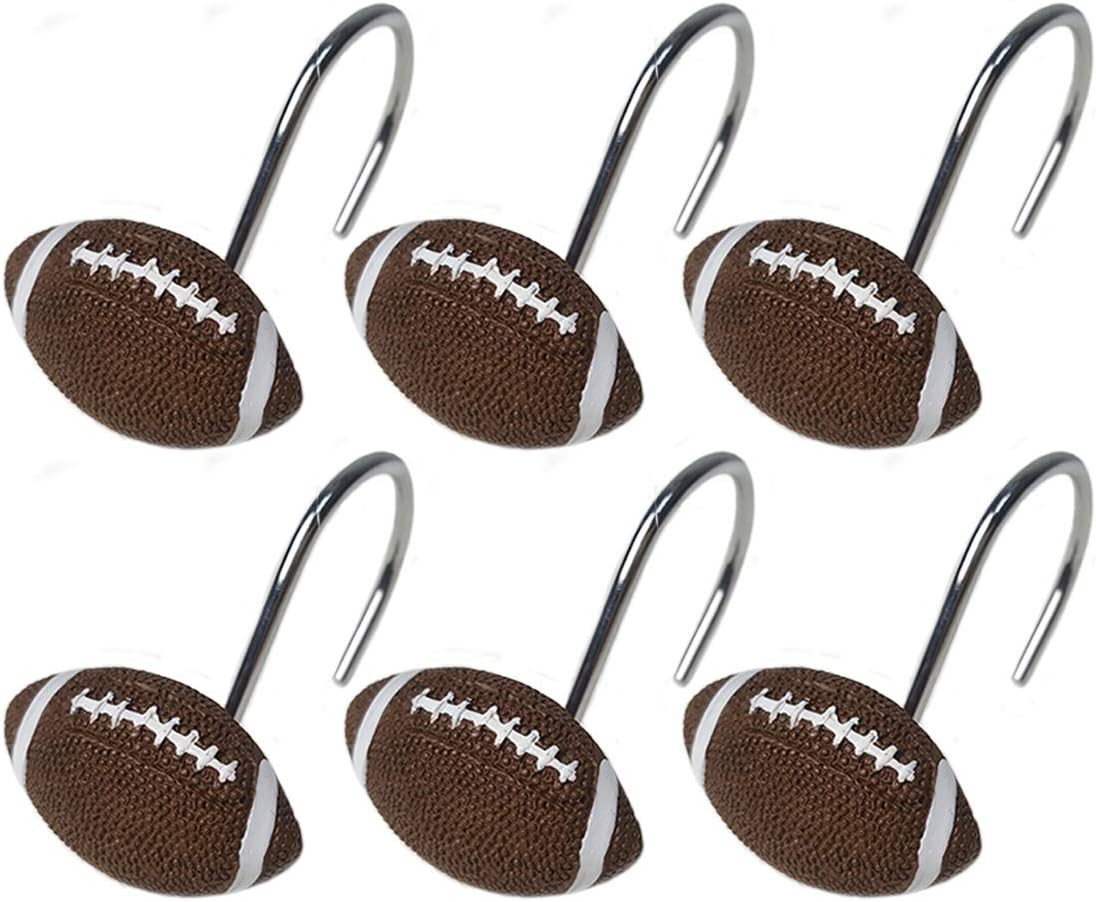 Football-Themed Shower Curtain Hooks for Boys - Set of 12 Decorative Rings