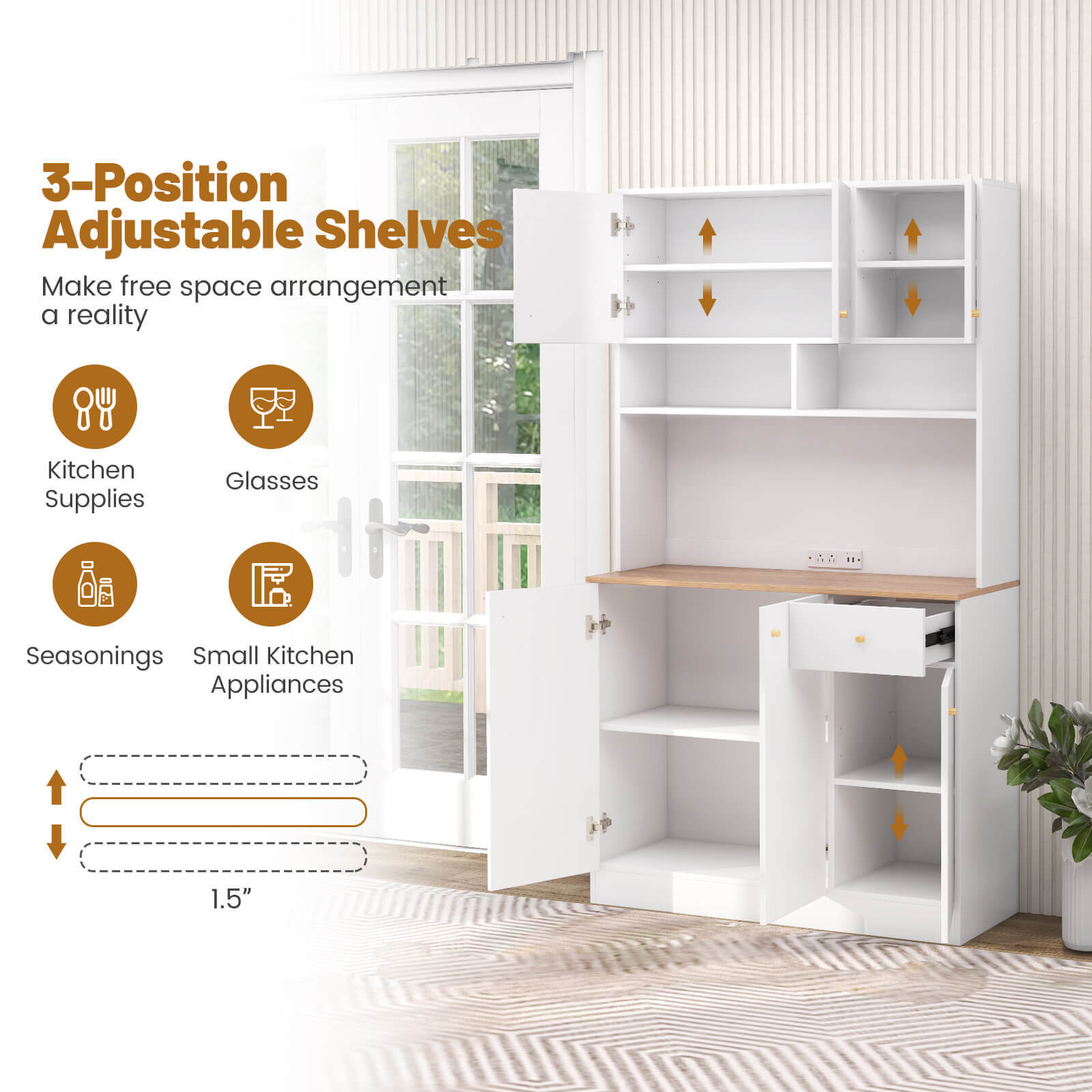 71" Tall Pantry Cabinet w/ Adjustable Shelves Outlets USB Ports Anti-Tipping