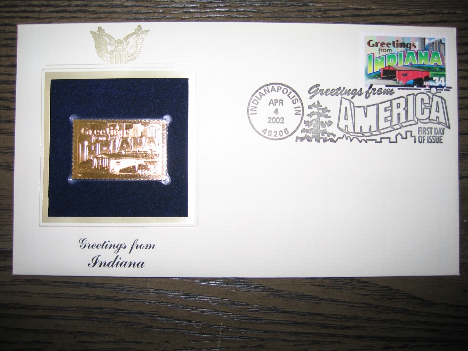 2002 INDIANA Greetings From America replica Gold Stamp Golden COVER