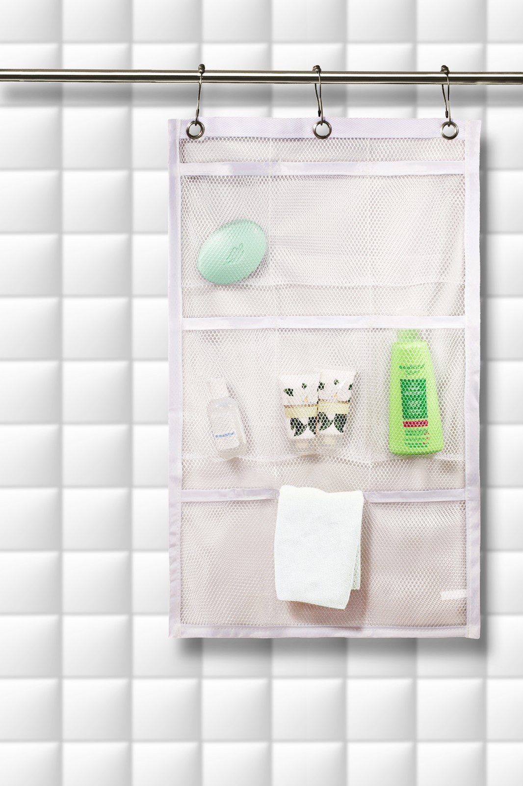 Shower Curtain Bathroom Organizer - 9 Mesh Pockets for Easy Storage.