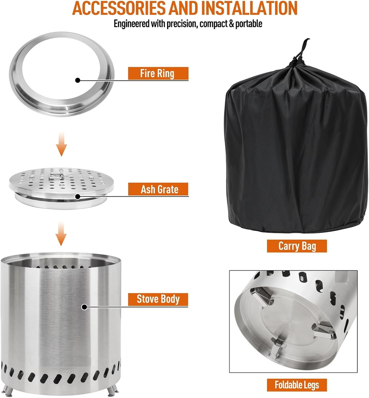 8.6" Smokeless Fire Pit Portable Outdoor Wood Burning Firepit Stainless Steel US