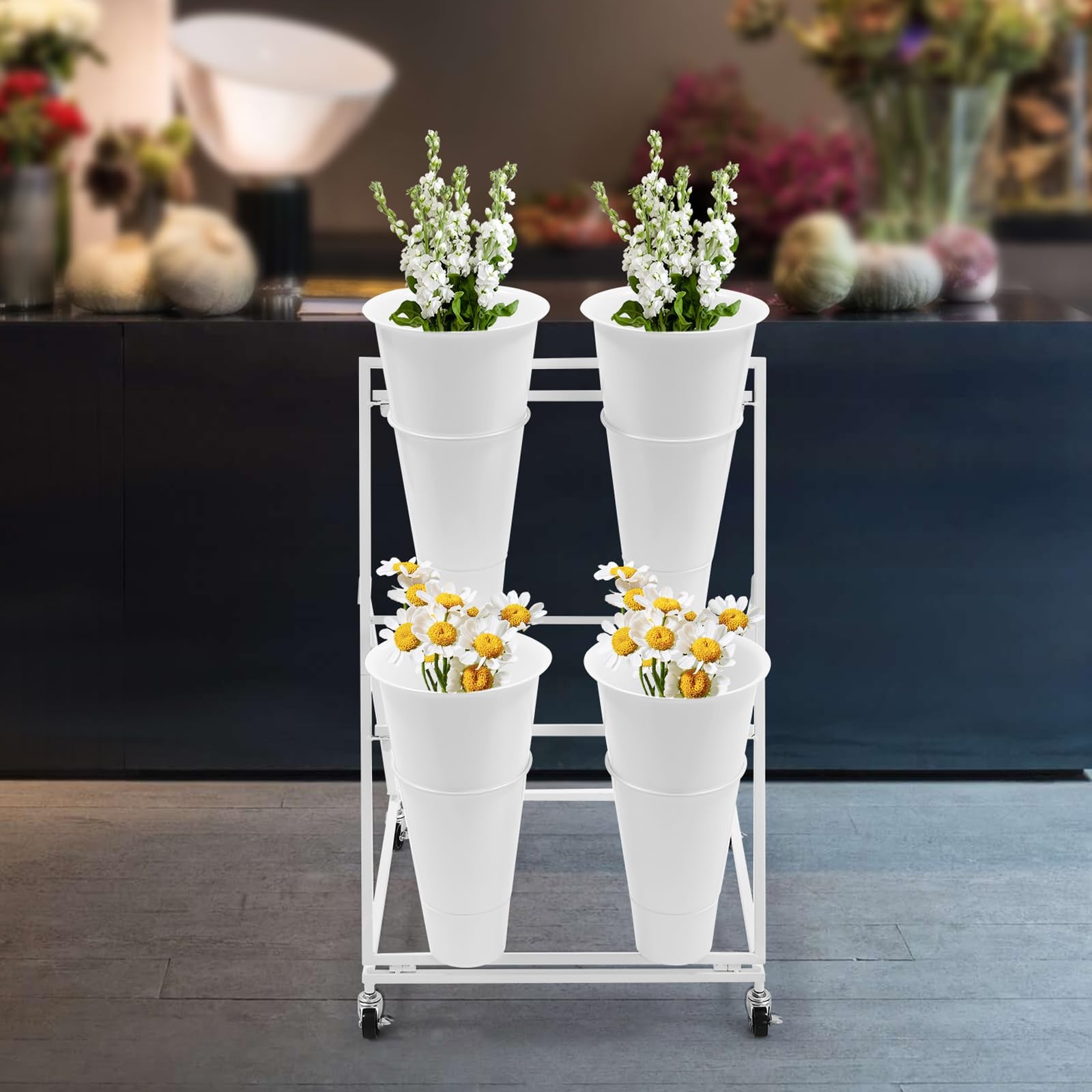 Heavy Duty Iron Flower Stand with Wheels 2 Layers 4 Plastic Buckets White