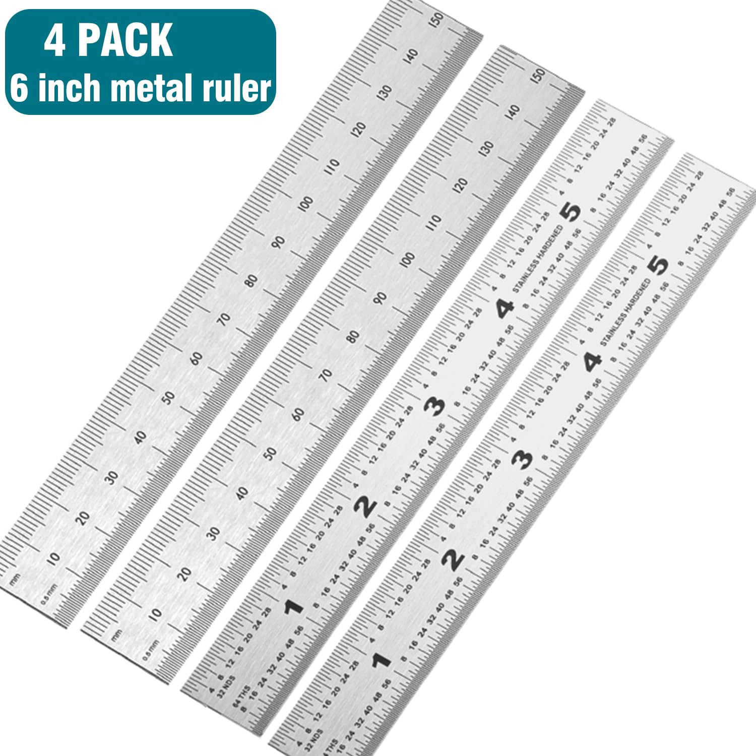6 Inch Machinist Ruler, 4-Pack Stainless Steel Precision Scale Ruler with Inch/M