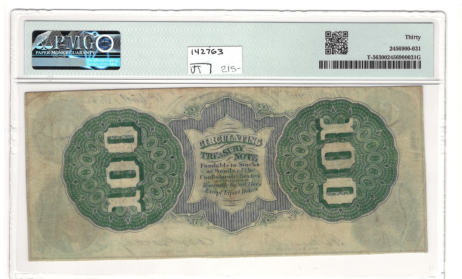 1863 $100 CONFEDERATE STATES OF AMERICA T-56, PMG VF-30, NICE COLOR & PRETTY!