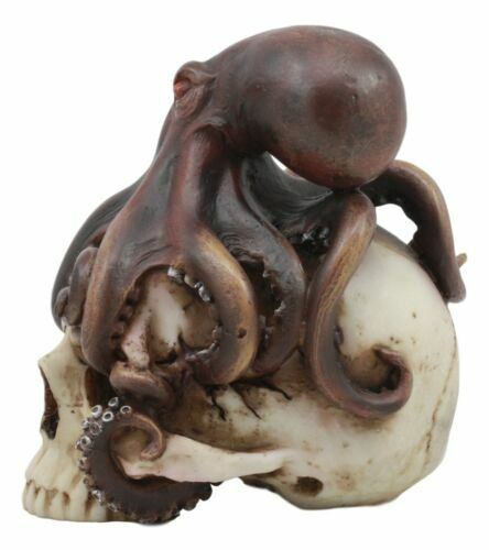 Sea Monster Red Eyed Octopus Wrapping Around Skull Statue 5.25"h Nautical Decor
