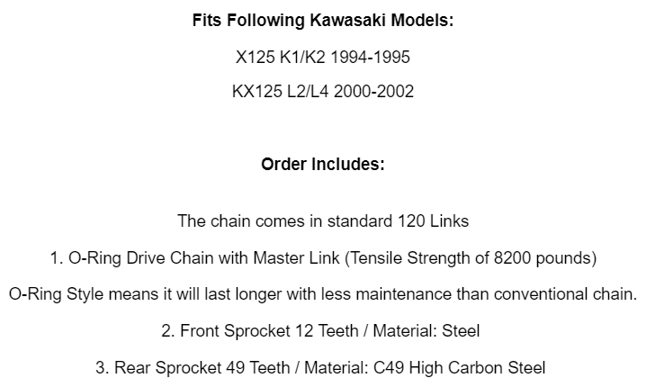 Gold O-Ring Drive Chain & Sprockets Kit for Kawasaki KX125 1994 1995 2000-2002