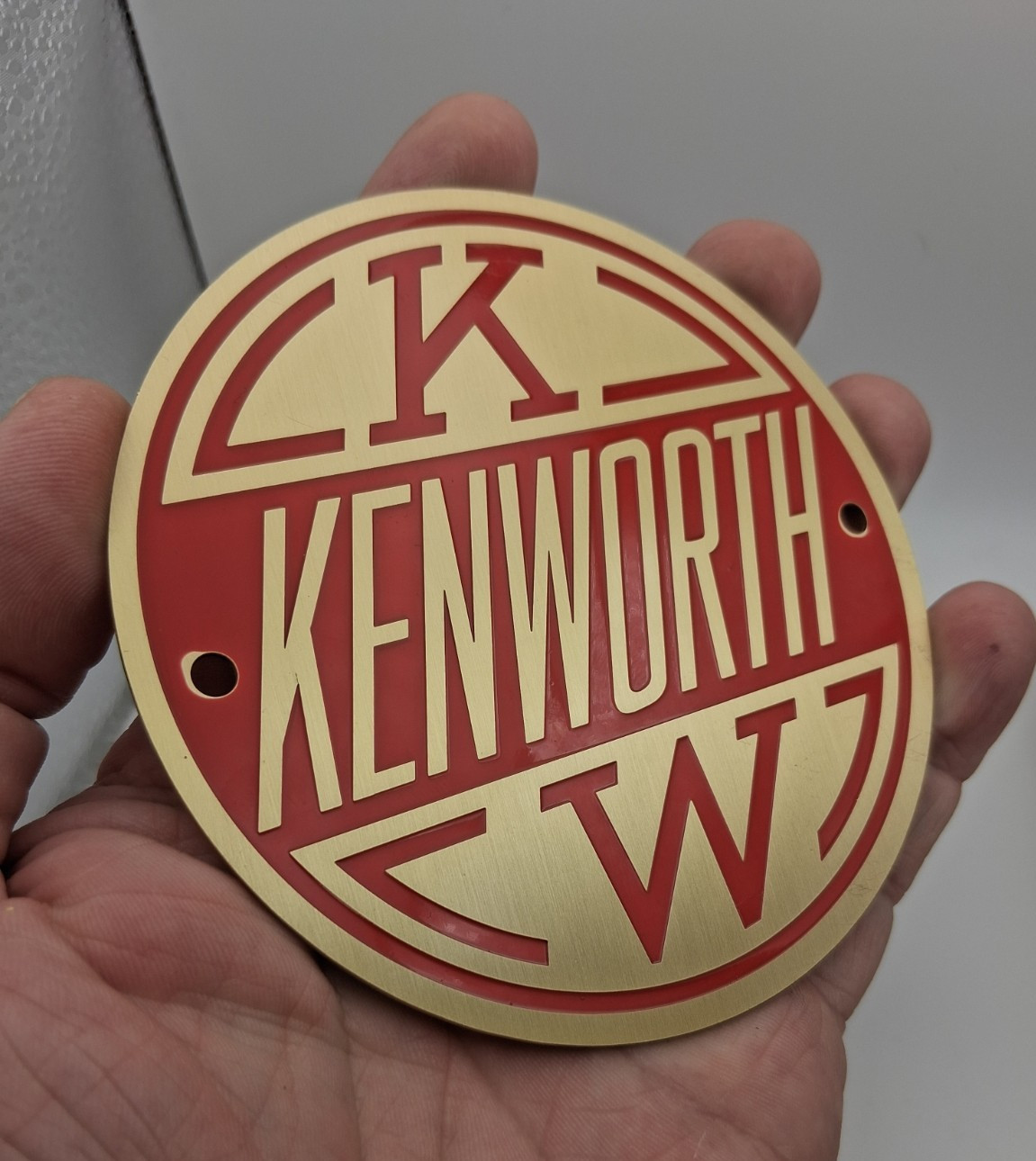 Vintage Kenworth KW Hood Emblem Badge 4" Brass Red Enamel W900 K100 1960s-70s