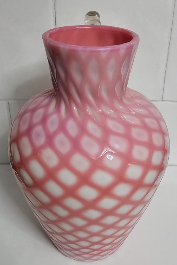 EAPG Victorian Glass Opaque Pink White Lattice Pitcher Jug
