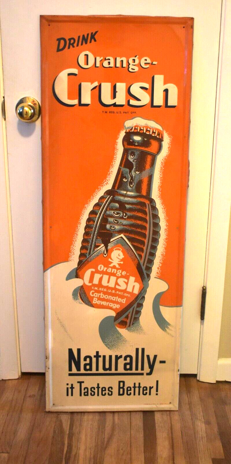 RARE Vintage DRINK ORANGE CRUSH SODA POP BOTTLE Metal ADVERTISING VERTICAL SIGN