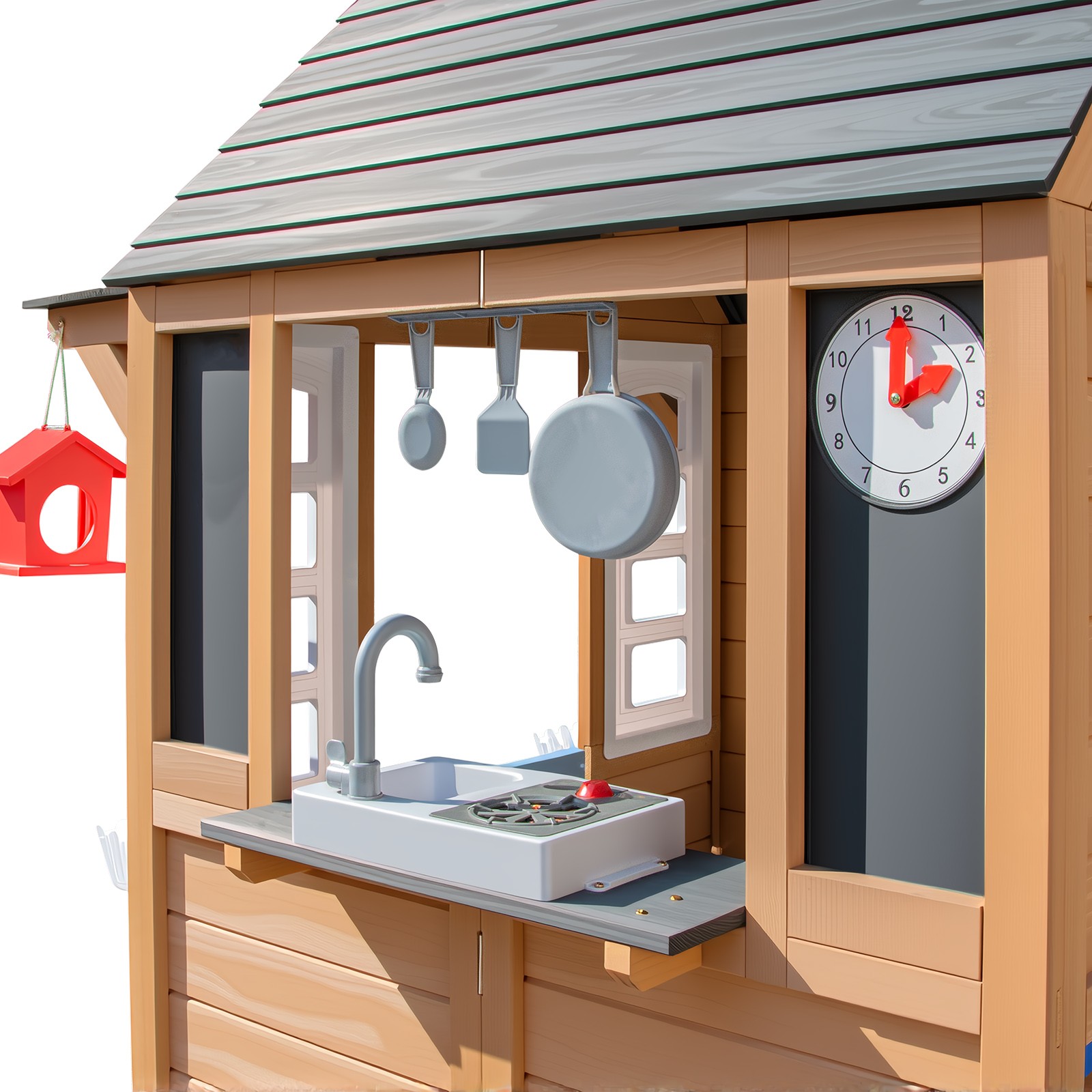 Kids Wooden Playhouse with Bench,Play Kitchen,Chalkboard,Flowerpot,Birdcage