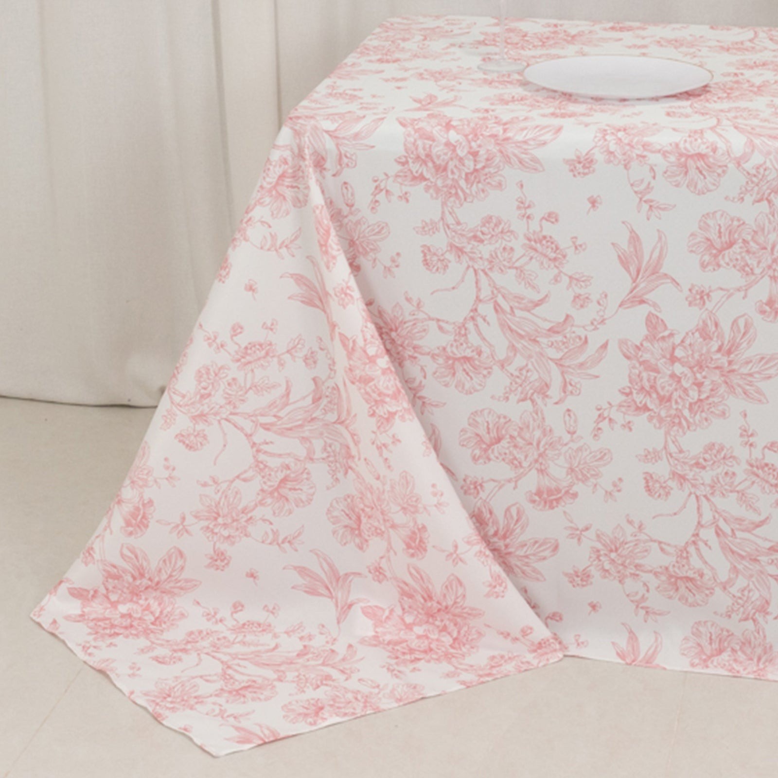 90" x 132" Pink French Toile Pattern Polyester Rectangular Tablecloth