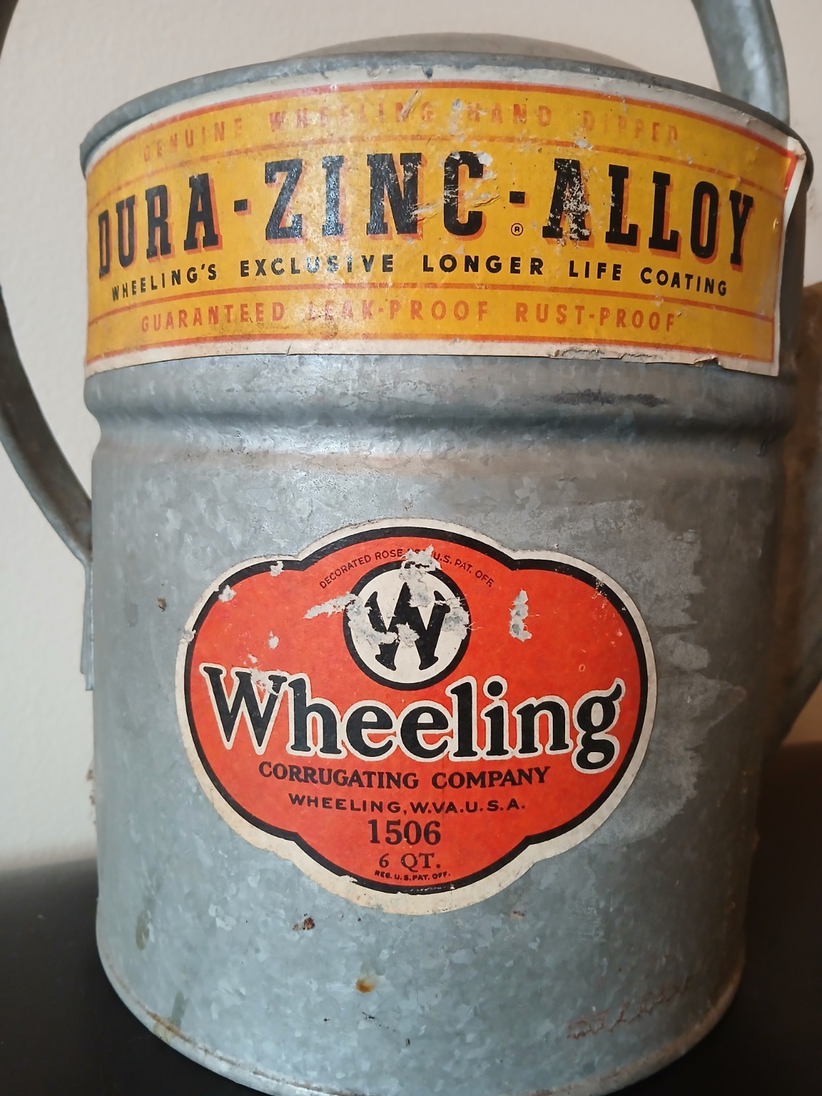 Vintage Wheeling 6 Qt Galvanized Watering Can with Sprinkler Head