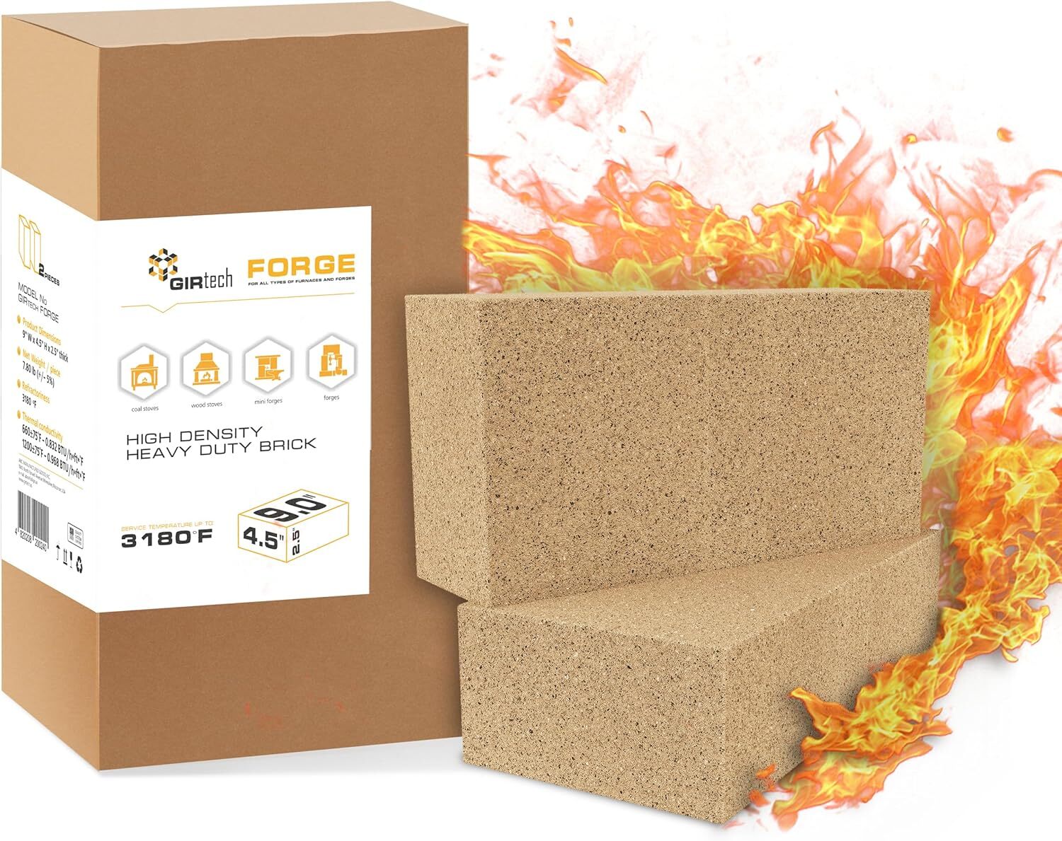 Heavy Duty Refractory Fire Bricks for Forge 3200F - Pack of 2 Extra High Temp...