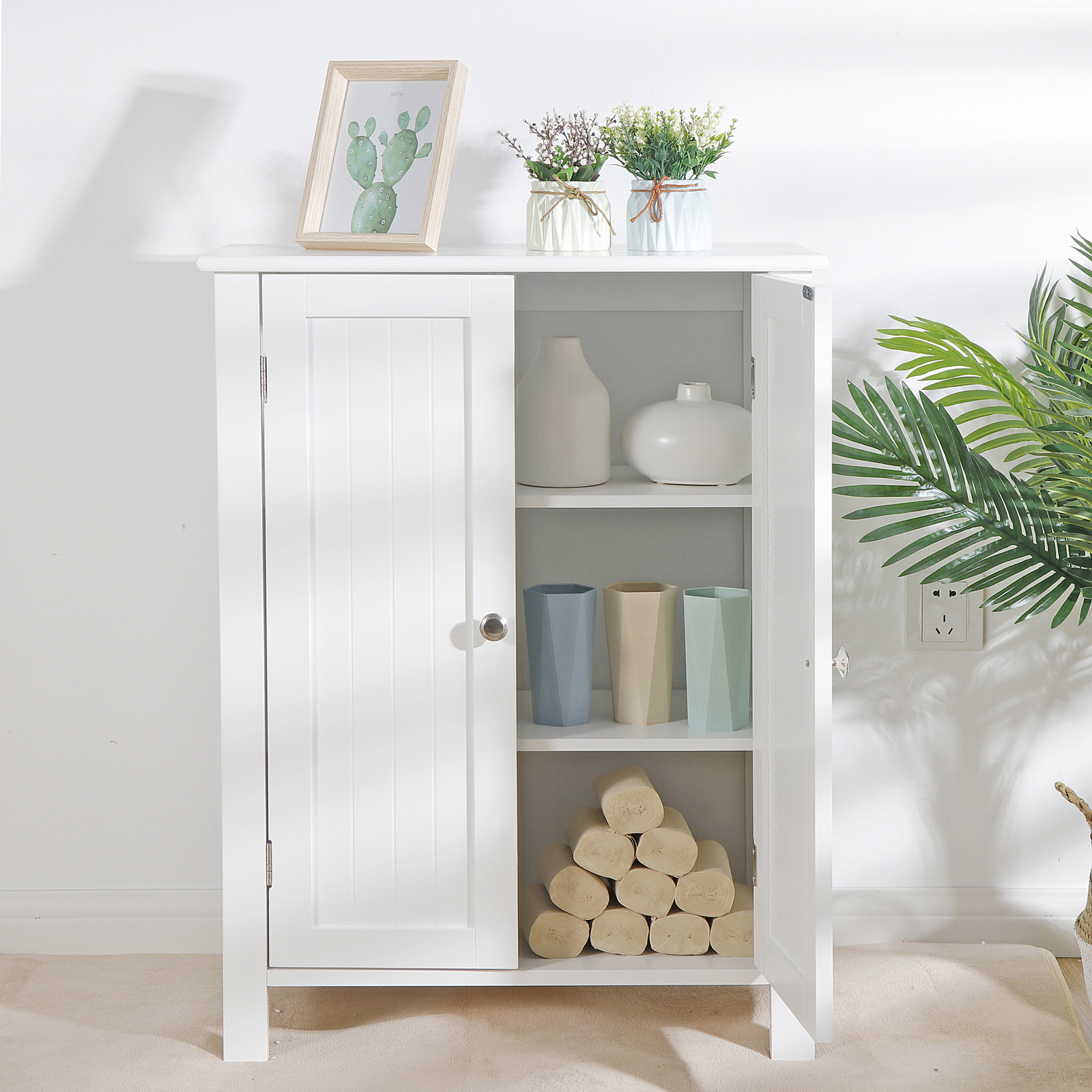 White Wooden Bathroom Floor Cabinet Storage Cupboard 3 Shelves Free Standing