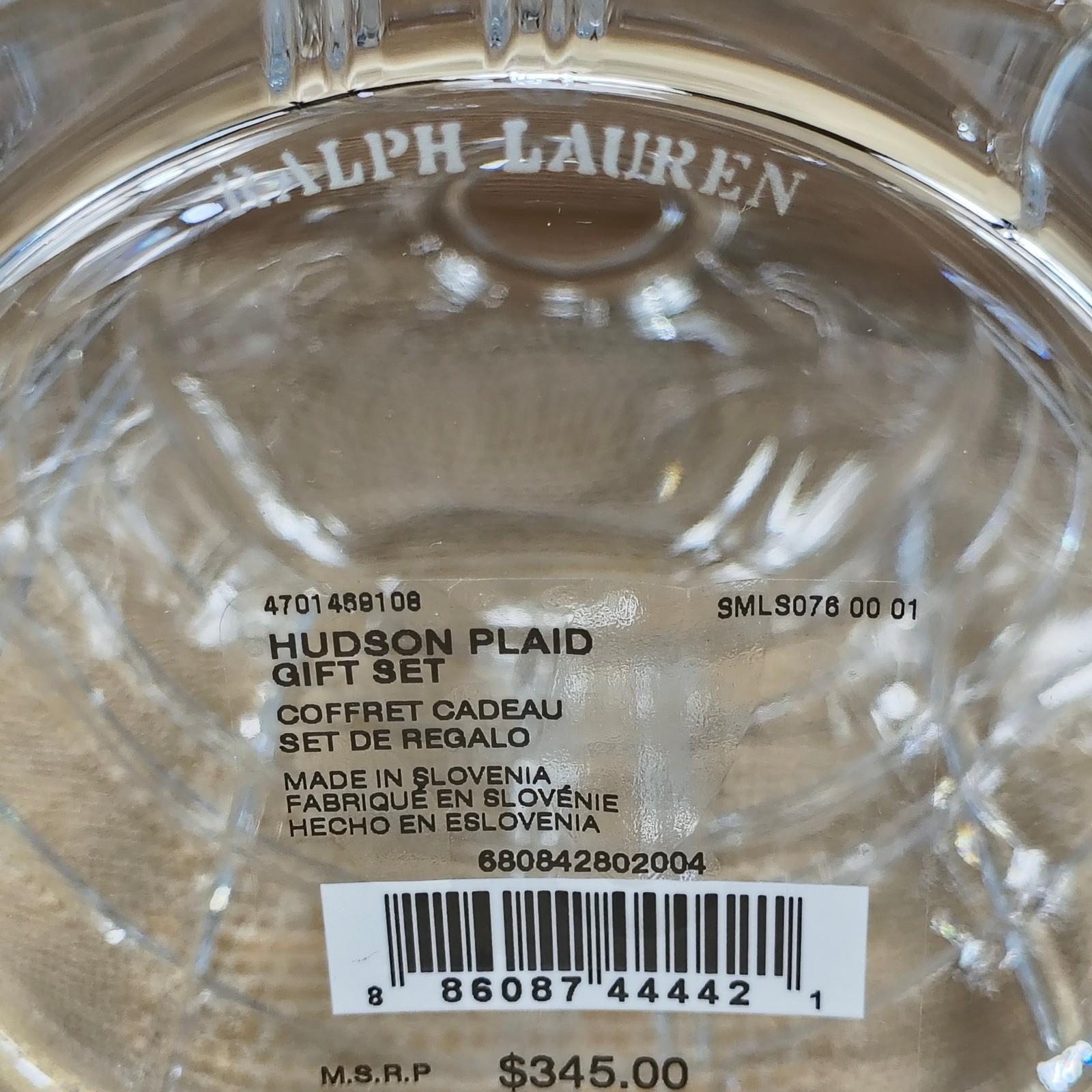 Ralph Lauren Hudson Plaid Crystal Decanter and 2 Glasses Gift Set